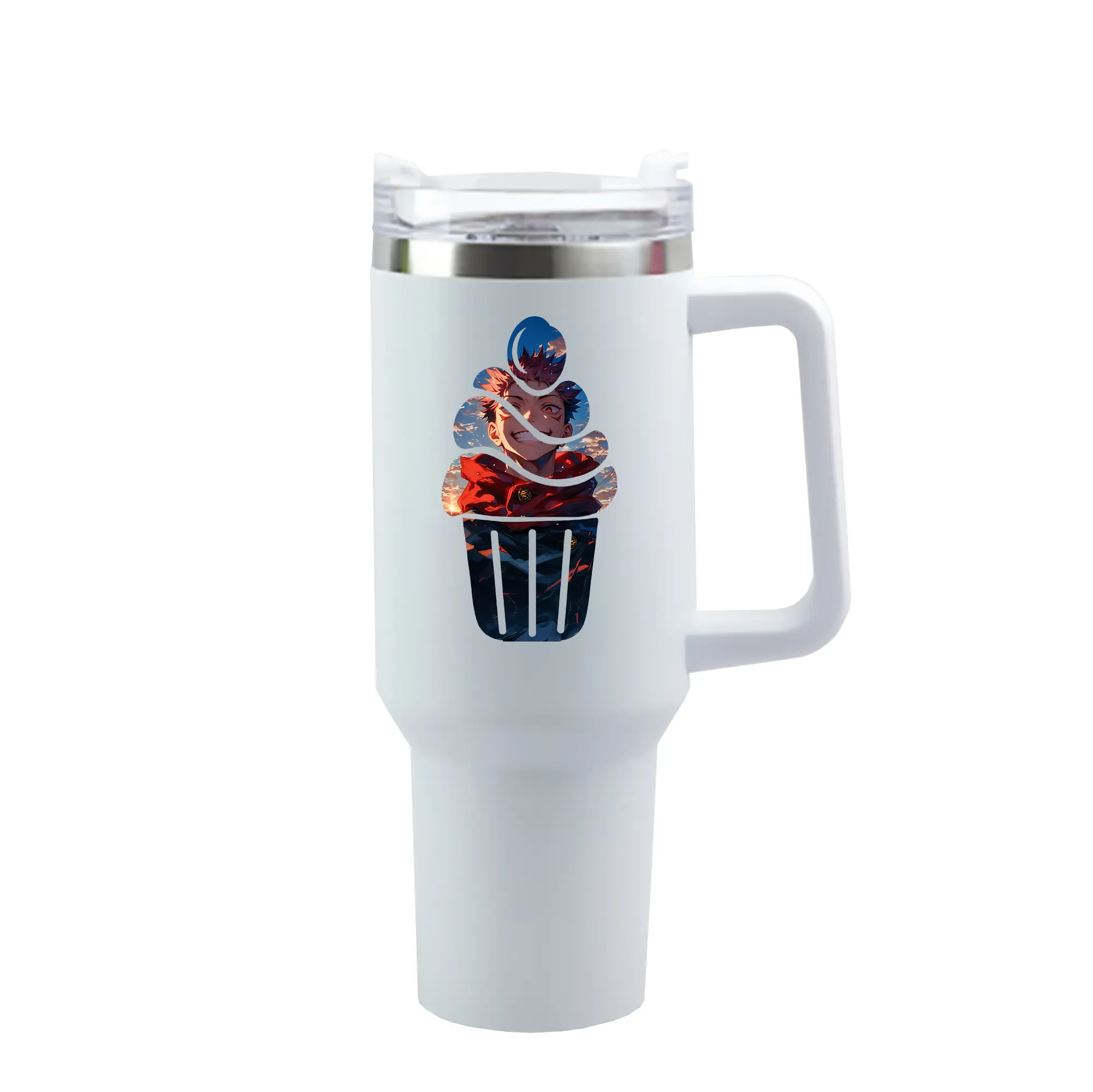 呪術廻戦 グッズ,虎杖 悠仁 - 1200mL 車用タンブラー ・ クリスタルステッカー ・ 304ステンレス 内側 ・ 201ステンレス 外側 ・ 保温 保冷 ・ ハンドル＆ストロー付き ・ 通勤 ドライブ アウトドア用