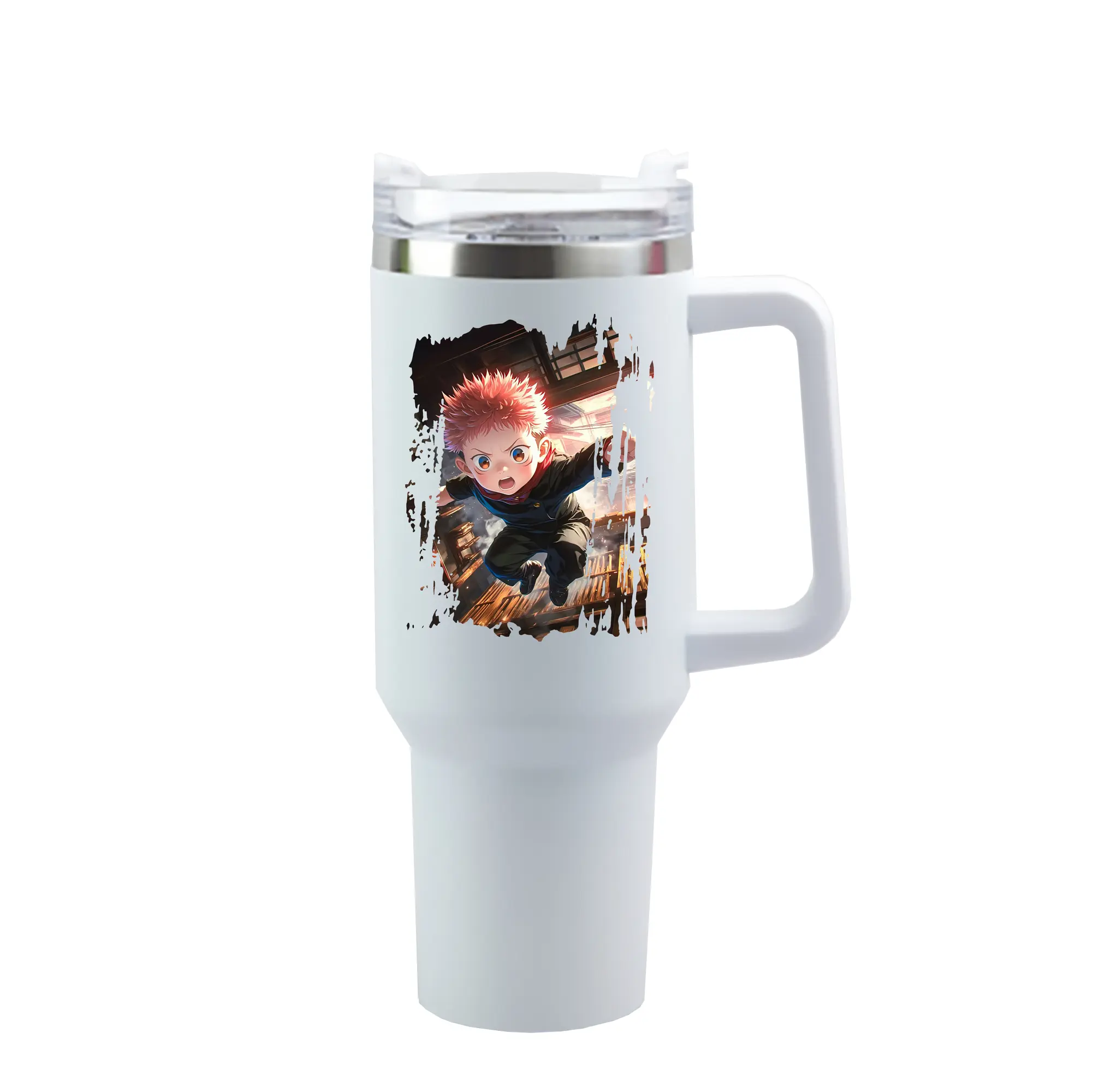 呪術廻戦 グッズ,虎杖 悠仁 - 1200mL 車用タンブラー ・ クリスタルステッカー ・ 304ステンレス 内側 ・ 201ステンレス 外側 ・ 保温 保冷 ・ ハンドル＆ストロー付き ・ 通勤 ドライブ アウトドア用