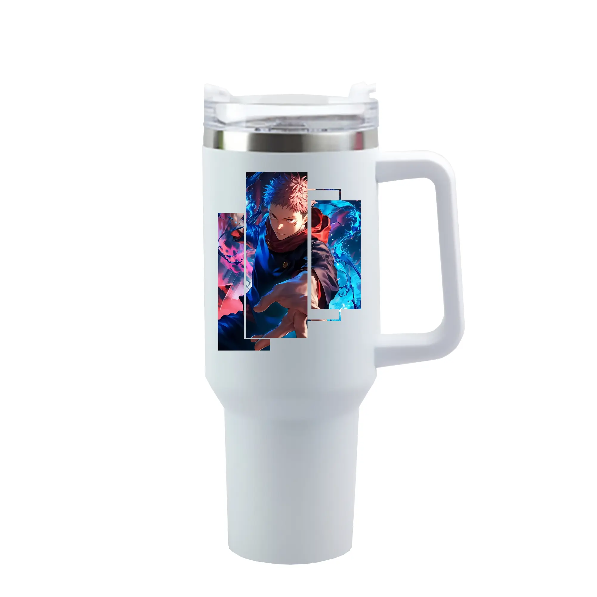 呪術廻戦 グッズ,虎杖 悠仁 - 1200mL 車用タンブラー ・ クリスタルステッカー ・ 304ステンレス 内側 ・ 201ステンレス 外側 ・ 保温 保冷 ・ ハンドル＆ストロー付き ・ 通勤 ドライブ アウトドア用