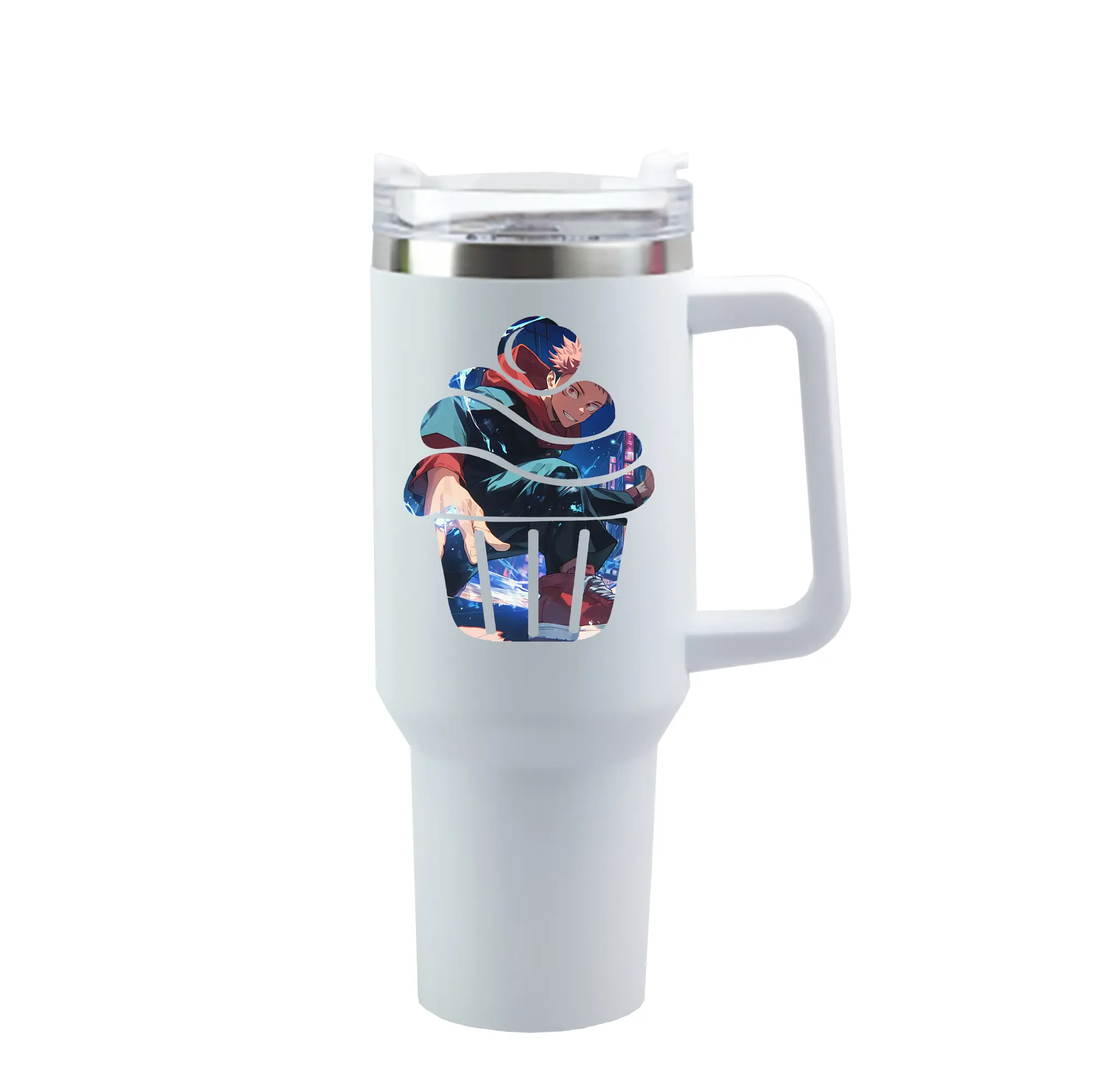 呪術廻戦 グッズ,虎杖 悠仁 - 1200mL 車用タンブラー ・ クリスタルステッカー ・ 304ステンレス 内側 ・ 201ステンレス 外側 ・ 保温 保冷 ・ ハンドル＆ストロー付き ・ 通勤 ドライブ アウトドア用