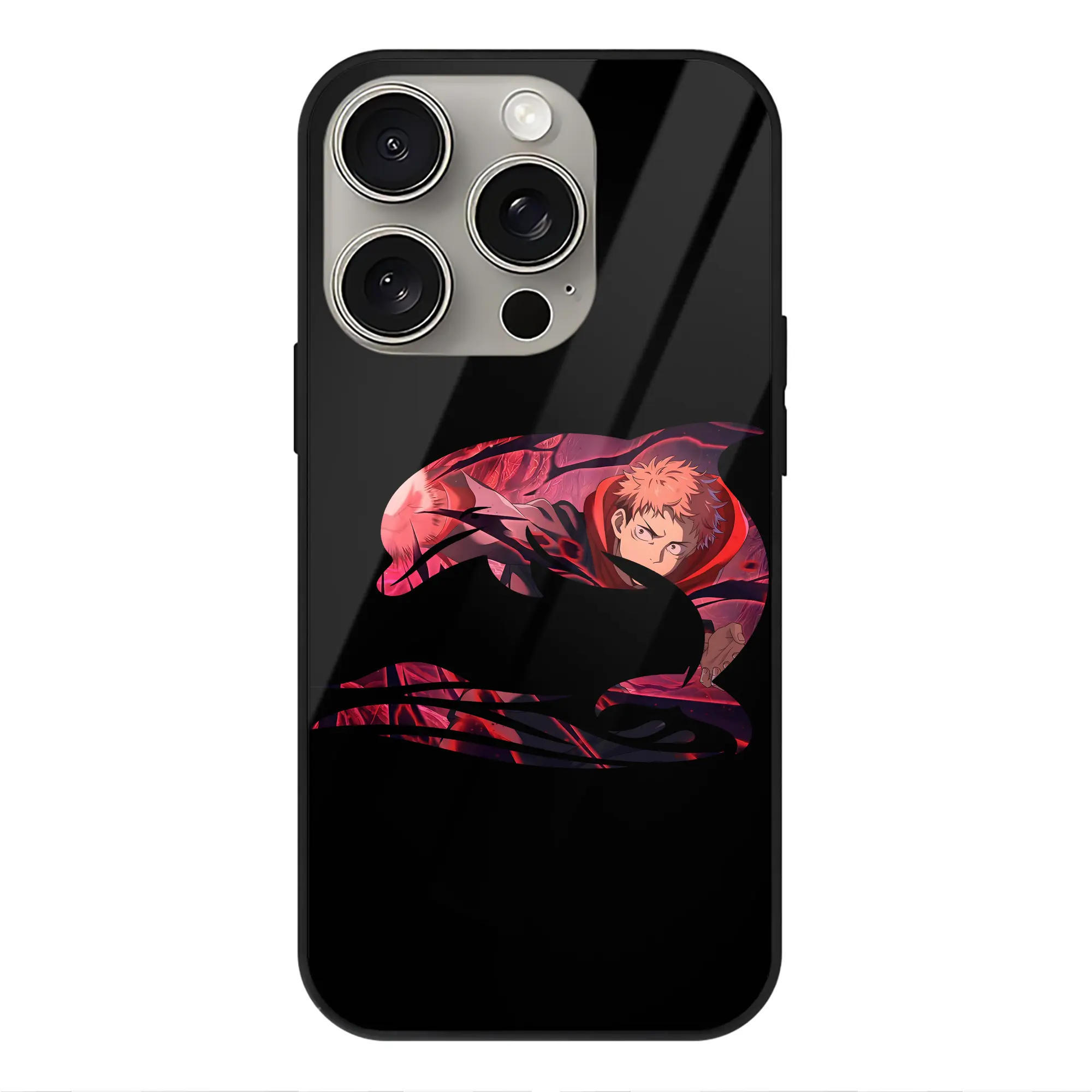 呪術廻戦 グッズ,虎杖 悠仁 - IPhone15Pro対応 ・ スマホケース ・ 背面ガラス ・ TPU+強化ガラス ・ 耐衝撃 ・ 黄変防止 ・ ワイヤレス充電対応 ・ 3D立体ボタン