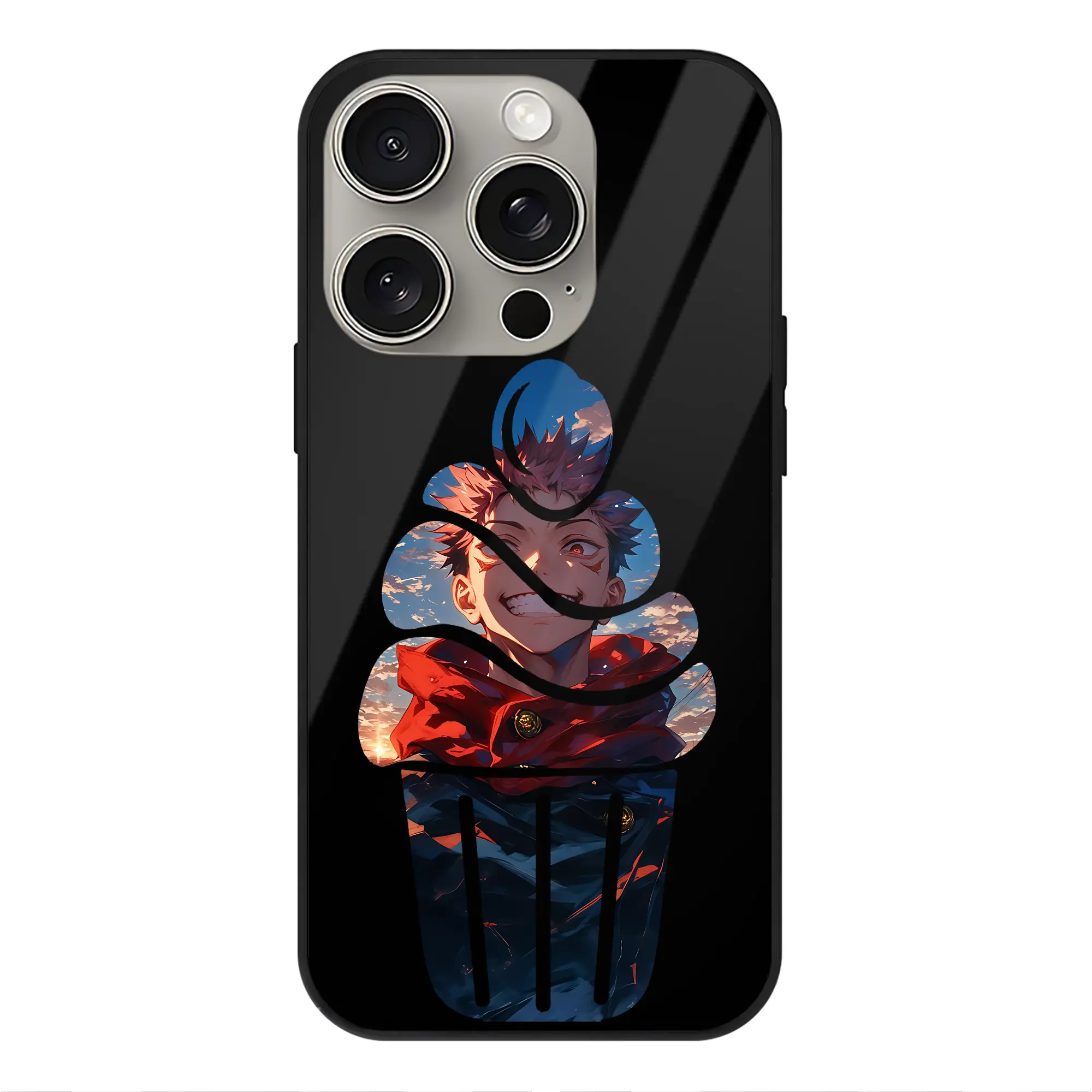 呪術廻戦 グッズ,虎杖 悠仁 - IPhone15Pro対応 ・ スマホケース ・ 背面ガラス ・ TPU+強化ガラス ・ 耐衝撃 ・ 黄変防止 ・ ワイヤレス充電対応 ・ 3D立体ボタン