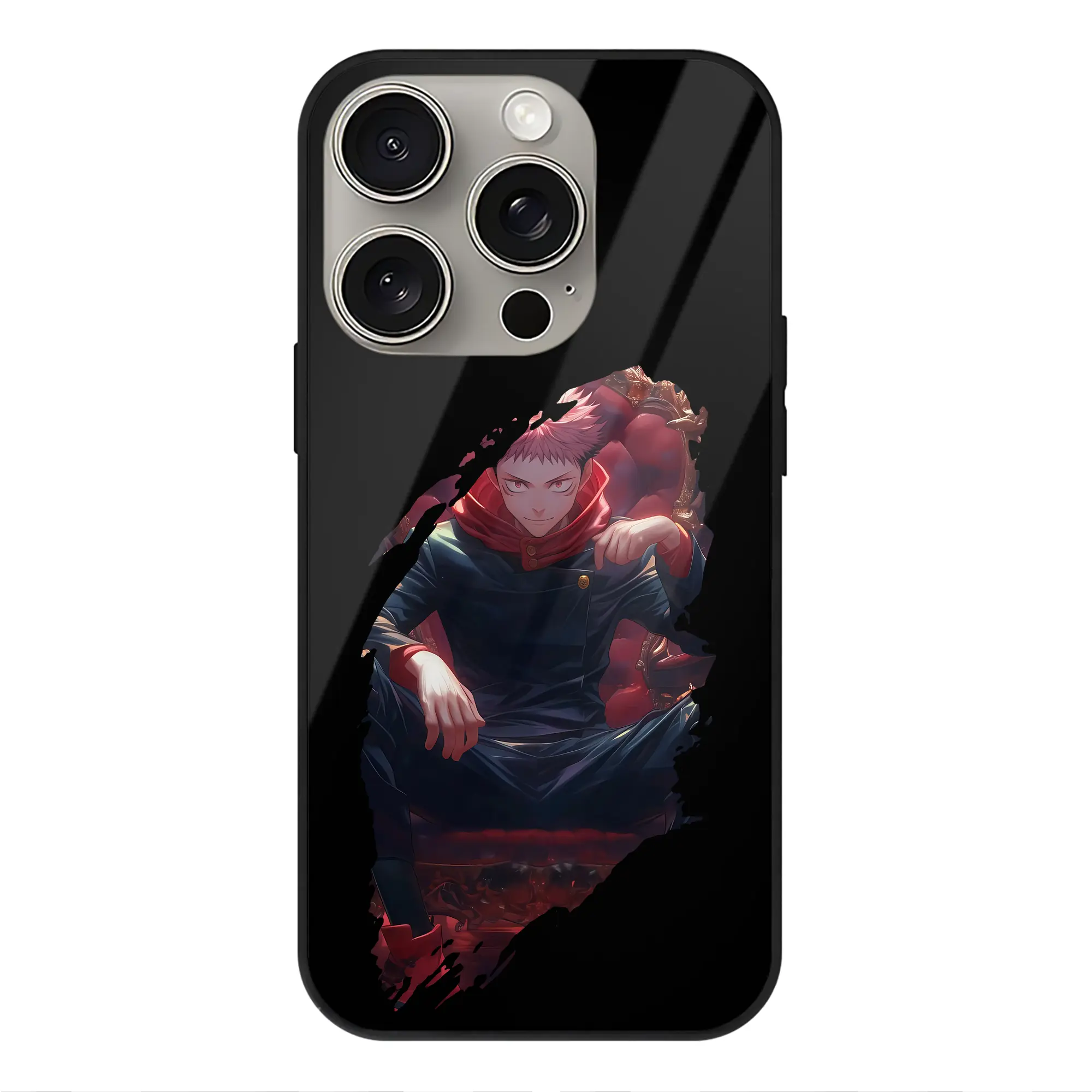 呪術廻戦 グッズ,虎杖 悠仁 - IPhone15Pro対応 ・ スマホケース ・ 背面ガラス ・ TPU+強化ガラス ・ 耐衝撃 ・ 黄変防止 ・ ワイヤレス充電対応 ・ 3D立体ボタン