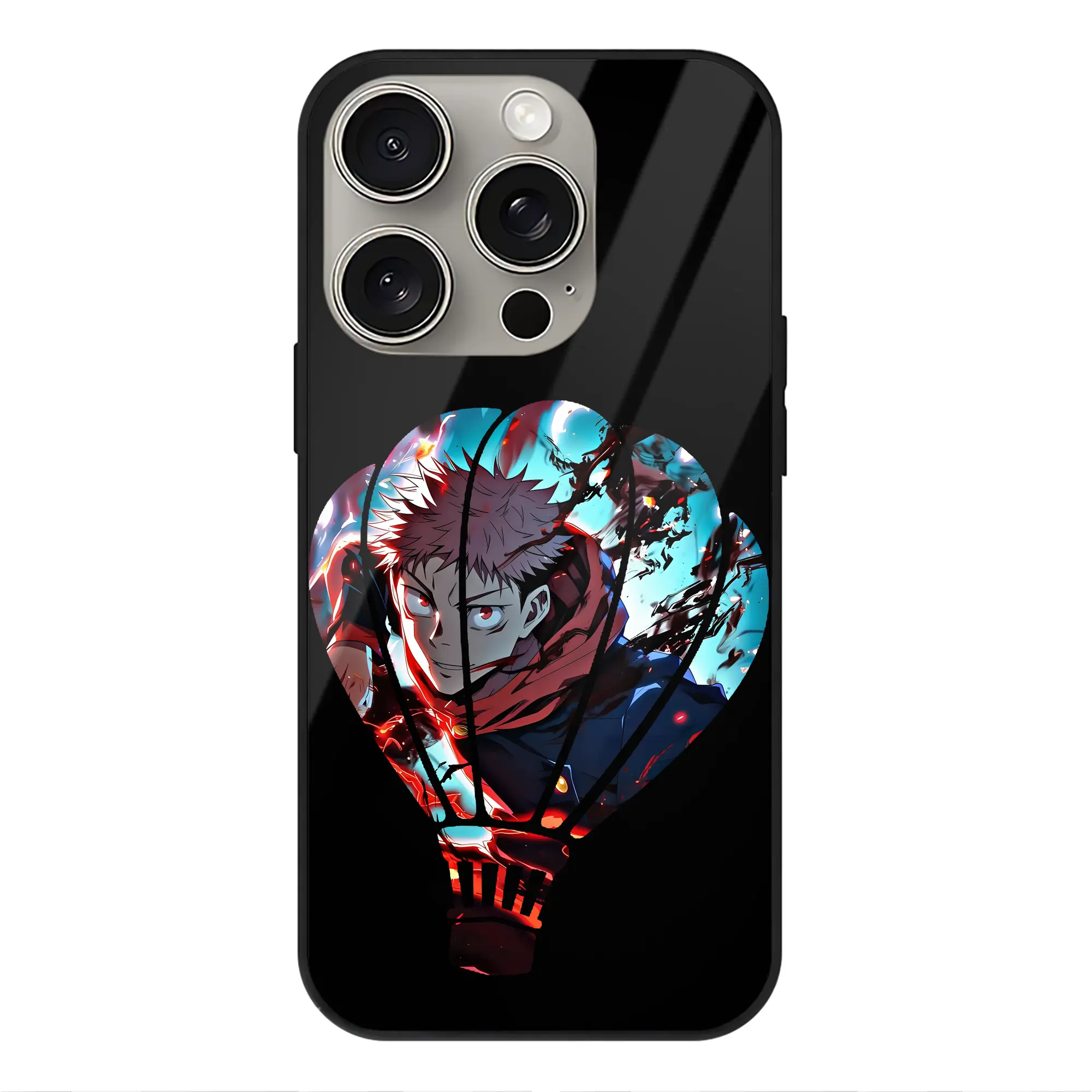 呪術廻戦 グッズ,虎杖 悠仁 - IPhone15Pro対応 ・ スマホケース ・ 背面ガラス ・ TPU+強化ガラス ・ 耐衝撃 ・ 黄変防止 ・ ワイヤレス充電対応 ・ 3D立体ボタン