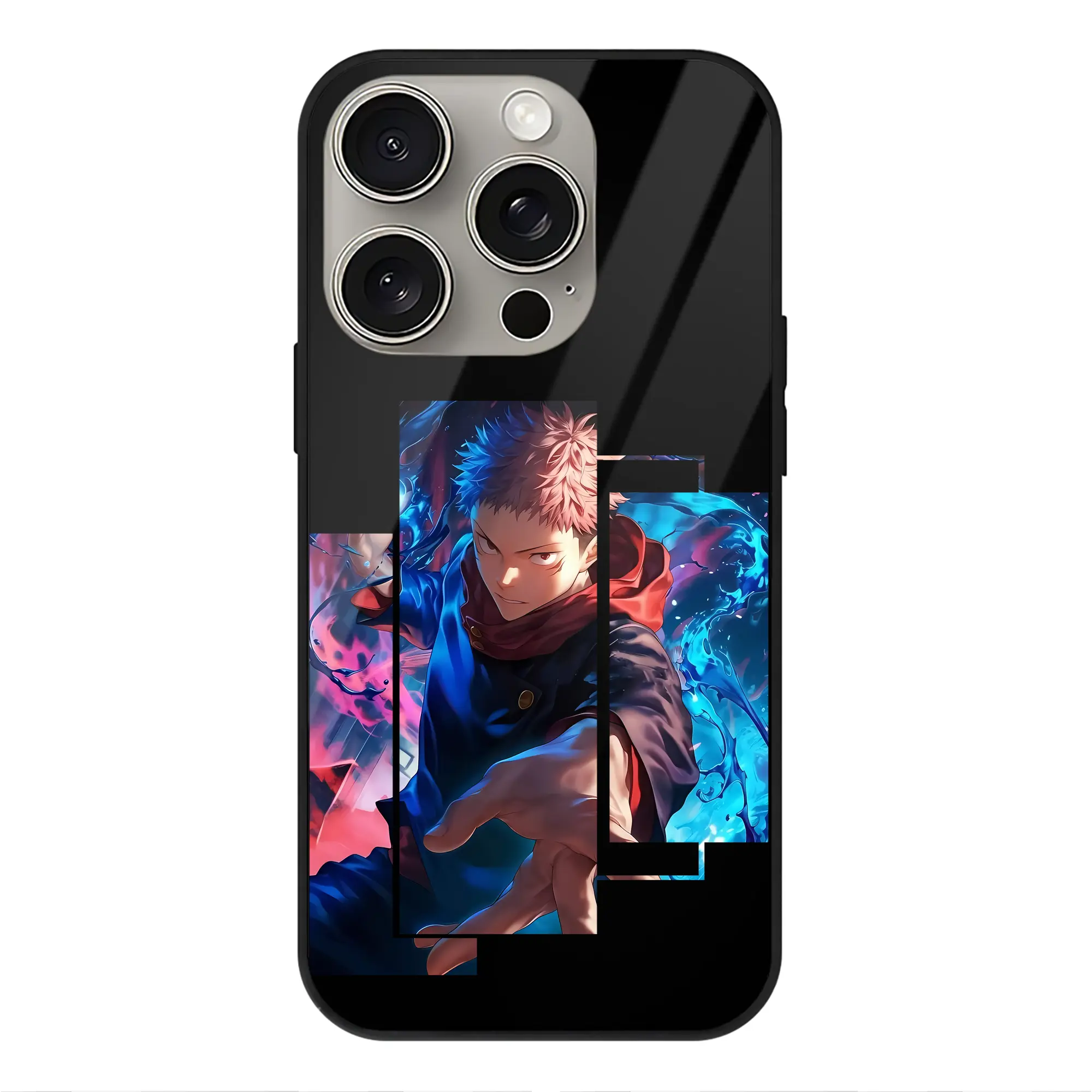 呪術廻戦 グッズ,虎杖 悠仁 - IPhone15Pro対応 ・ スマホケース ・ 背面ガラス ・ TPU+強化ガラス ・ 耐衝撃 ・ 黄変防止 ・ ワイヤレス充電対応 ・ 3D立体ボタン