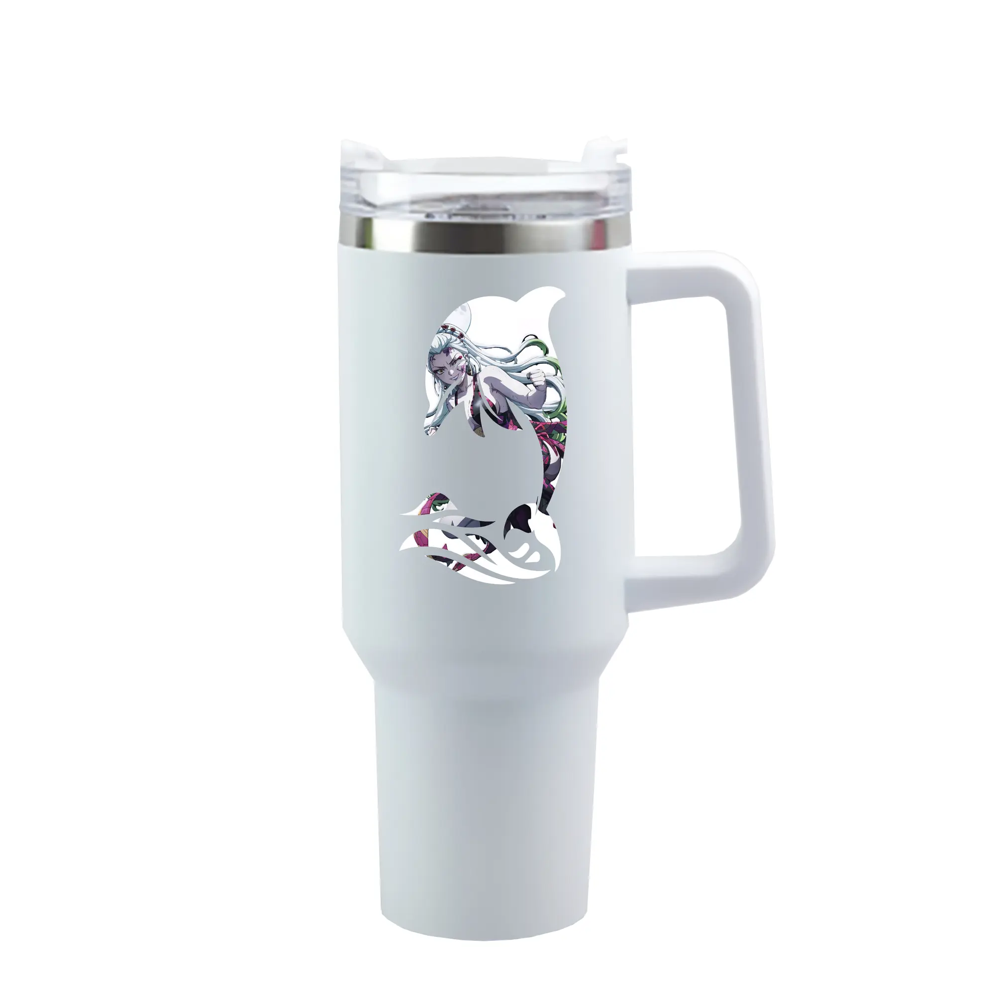 鬼滅の刃 グッズ,堕姫 - 1200mL 車用タンブラー ・ クリスタルステッカー ・ 304ステンレス 内側 ・ 201ステンレス 外側 ・ 保温 保冷 ・ ハンドル＆ストロー付き ・ 通勤 ドライブ アウトドア用