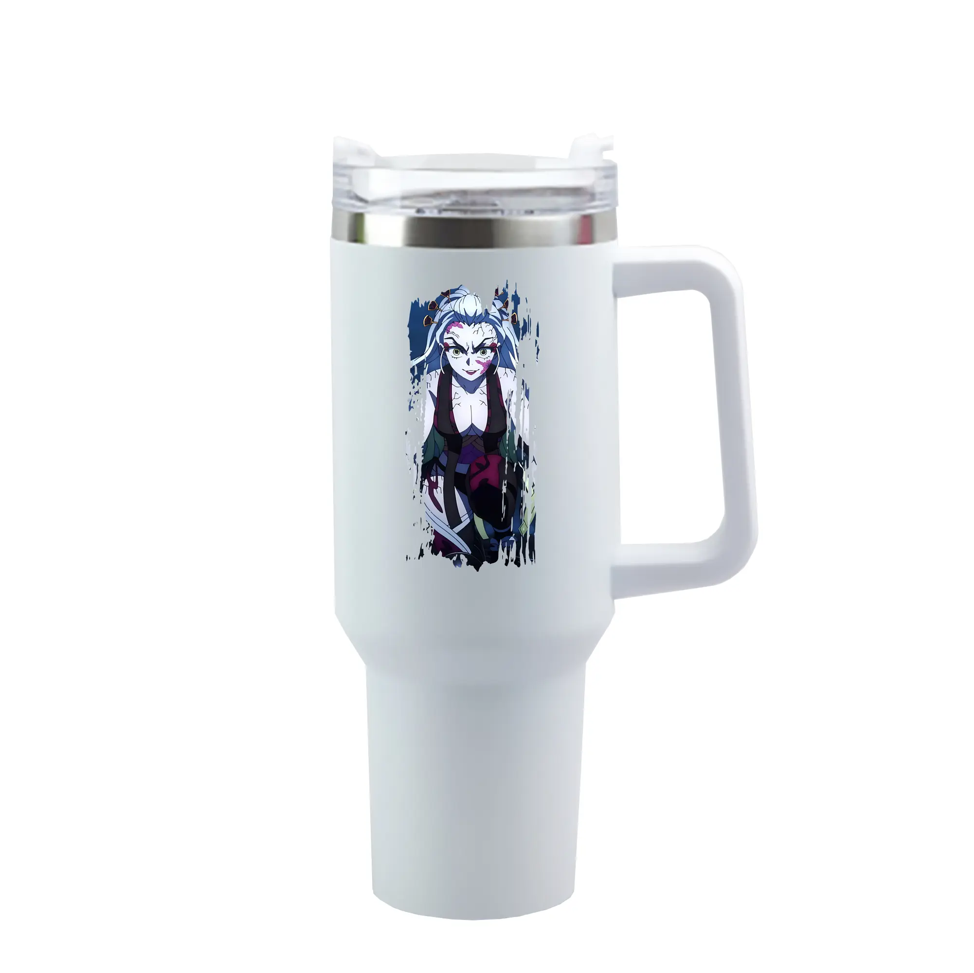 鬼滅の刃 グッズ,堕姫 - 1200mL 車用タンブラー ・ クリスタルステッカー ・ 304ステンレス 内側 ・ 201ステンレス 外側 ・ 保温 保冷 ・ ハンドル＆ストロー付き ・ 通勤 ドライブ アウトドア用