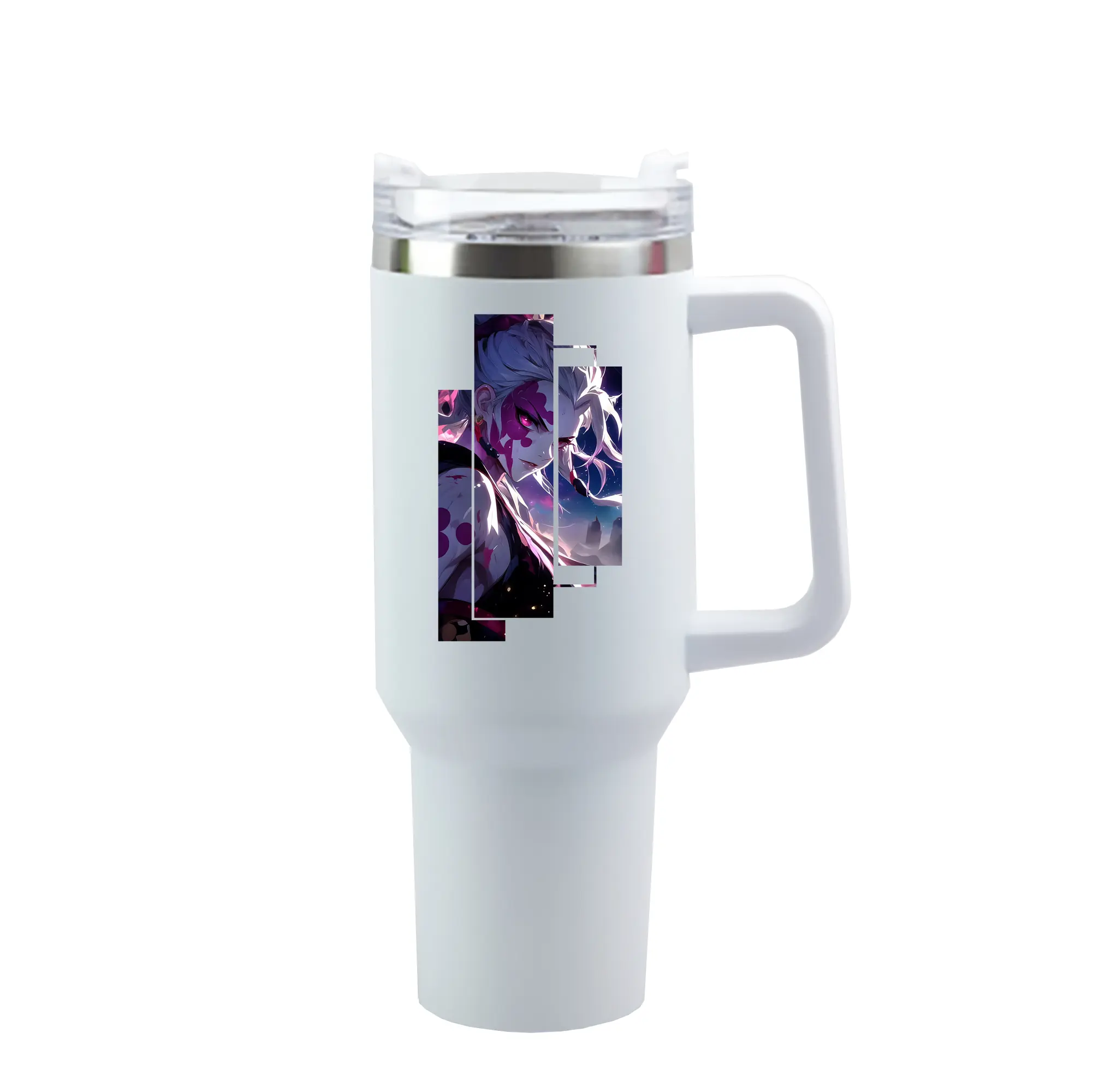 鬼滅の刃 グッズ,堕姫 - 1200mL 車用タンブラー ・ クリスタルステッカー ・ 304ステンレス 内側 ・ 201ステンレス 外側 ・ 保温 保冷 ・ ハンドル＆ストロー付き ・ 通勤 ドライブ アウトドア用