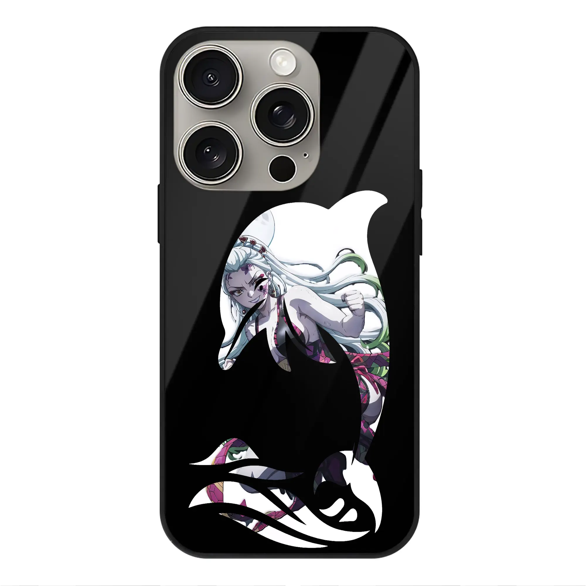 鬼滅の刃 グッズ,堕姫 - IPhone15Pro対応 ・ スマホケース ・ 背面ガラス ・ TPU+強化ガラス ・ 耐衝撃 ・ 黄変防止 ・ ワイヤレス充電対応 ・ 3D立体ボタン