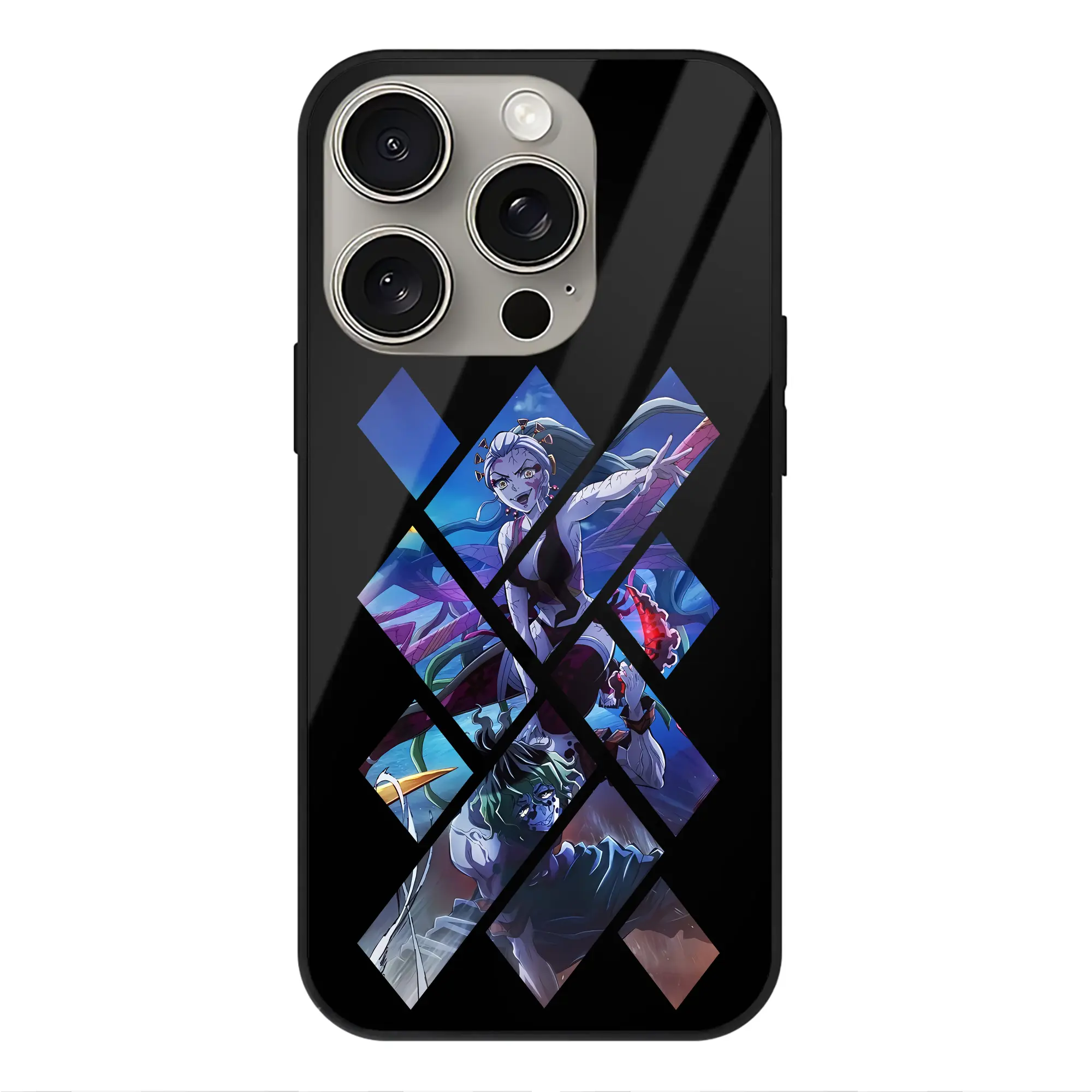 鬼滅の刃 グッズ,堕姫 - IPhone15Pro対応 ・ スマホケース ・ 背面ガラス ・ TPU+強化ガラス ・ 耐衝撃 ・ 黄変防止 ・ ワイヤレス充電対応 ・ 3D立体ボタン