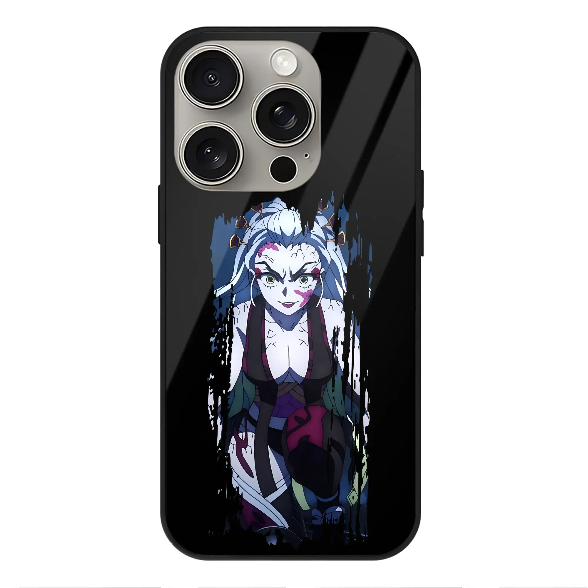 鬼滅の刃 グッズ,堕姫 - IPhone15Pro対応 ・ スマホケース ・ 背面ガラス ・ TPU+強化ガラス ・ 耐衝撃 ・ 黄変防止 ・ ワイヤレス充電対応 ・ 3D立体ボタン