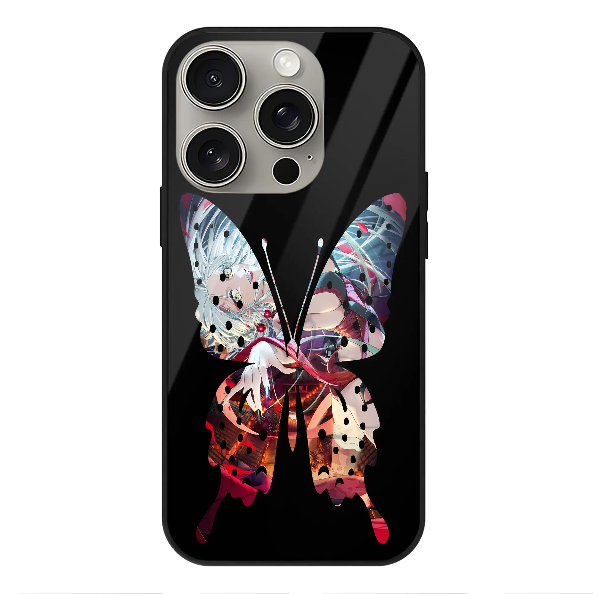 鬼滅の刃 グッズ,堕姫 - IPhone15Pro対応 ・ スマホケース ・ 背面ガラス ・ TPU+強化ガラス ・ 耐衝撃 ・ 黄変防止 ・ ワイヤレス充電対応 ・ 3D立体ボタン