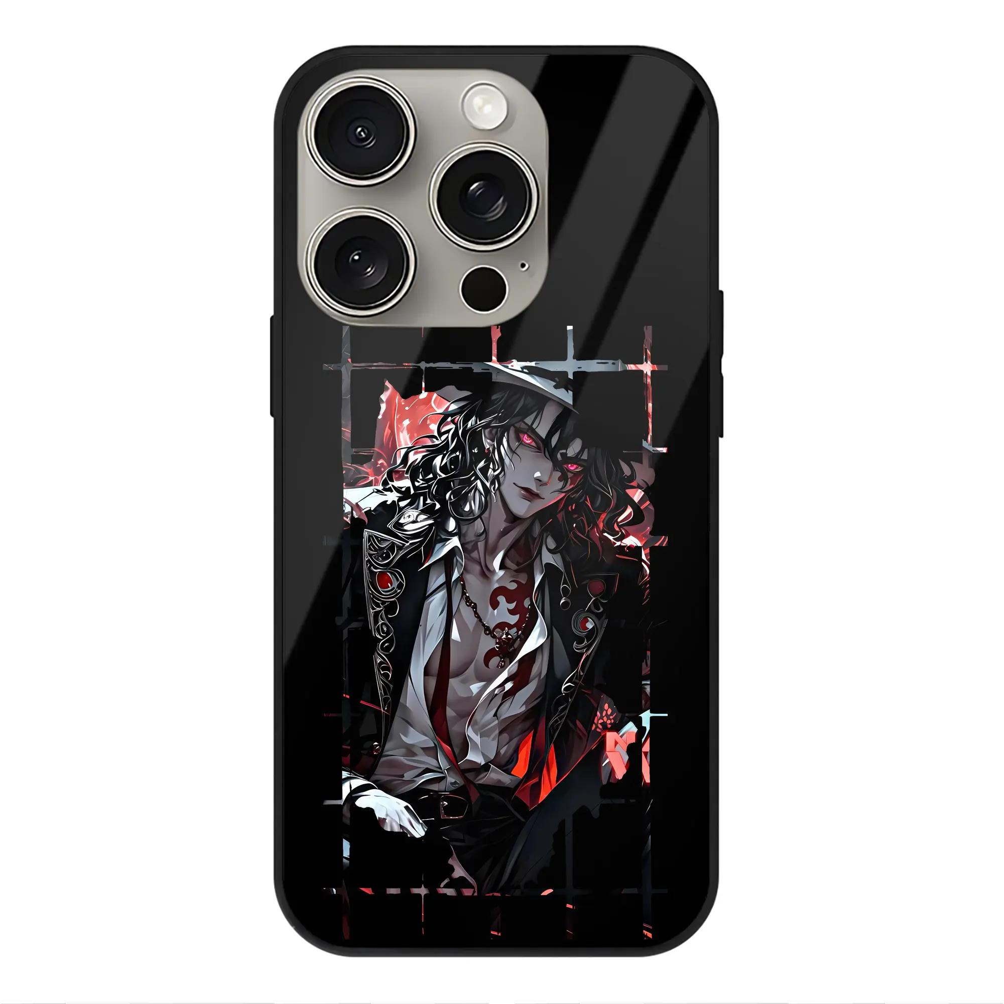 鬼滅の刃 グッズ,鬼舞辻 無惨 - IPhone15Pro対応 ・ スマホケース ・ 背面ガラス ・ TPU+強化ガラス ・ 耐衝撃 ・ 黄変防止 ・ ワイヤレス充電対応 ・ 3D立体ボタン