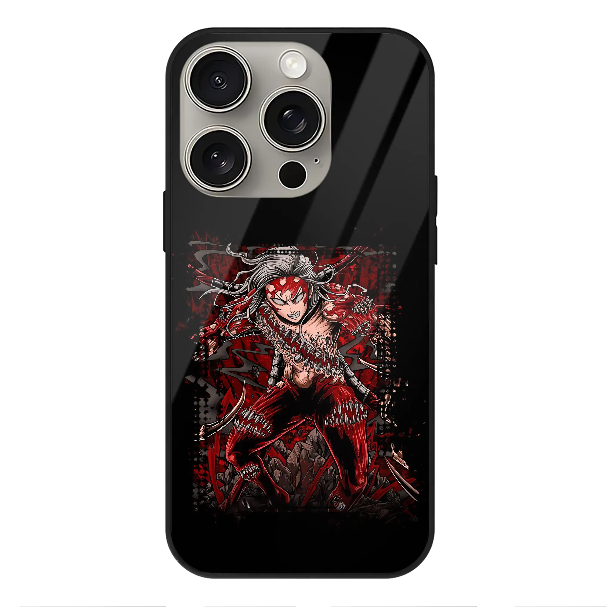 鬼滅の刃 グッズ,鬼舞辻 無惨 - IPhone15Pro対応 ・ スマホケース ・ 背面ガラス ・ TPU+強化ガラス ・ 耐衝撃 ・ 黄変防止 ・ ワイヤレス充電対応 ・ 3D立体ボタン