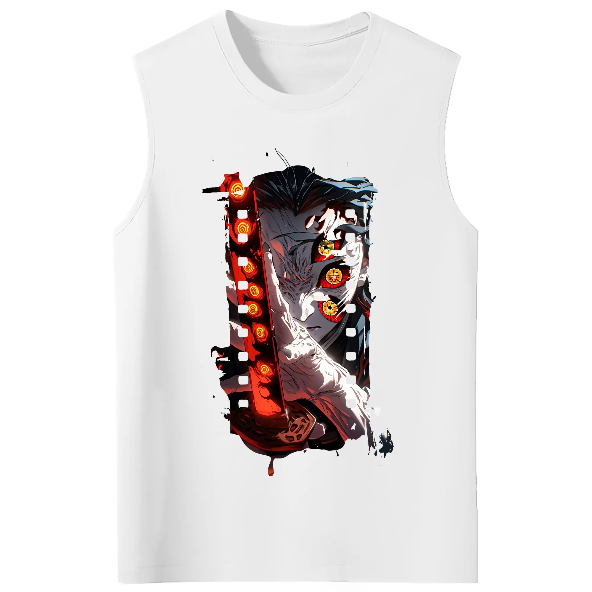 鬼滅の刃 グッズ,黒死牟 - コットン100％ タンクトップ ・ フロントプリント ・ タイトフィット ・ 快適 通気性 ・ スポーツ カジュアル 散歩用