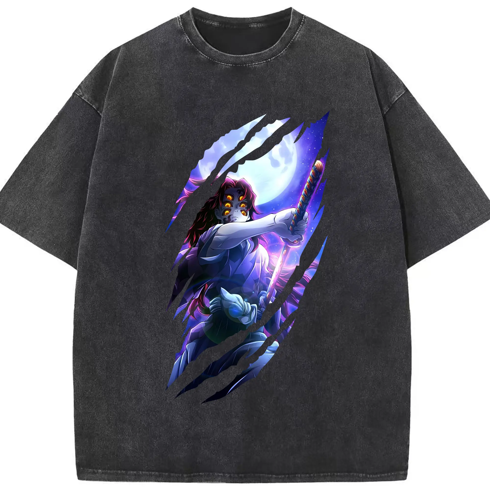 鬼滅の刃 グッズ,黒死牟 - 綿100％ ヴィンテージ風 半袖Tシャツ ・ フロントプリント ・ 柔らか肌触り ・ 通気性 快適 ・ スポーツ カジュアル 外出用