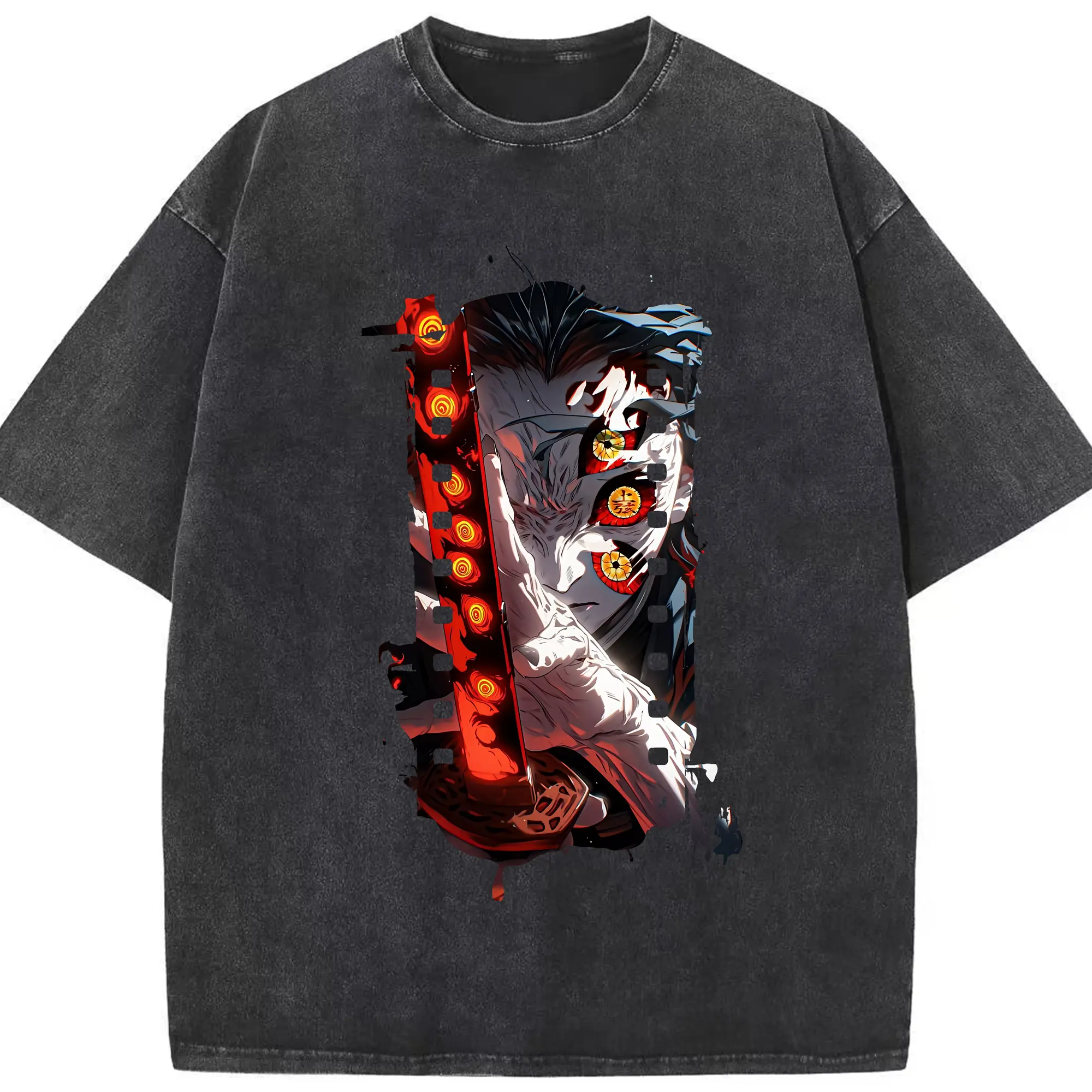 鬼滅の刃 グッズ,黒死牟 - 綿100％ ヴィンテージ風 半袖Tシャツ ・ フロントプリント ・ 柔らか肌触り ・ 通気性 快適 ・ スポーツ カジュアル 外出用