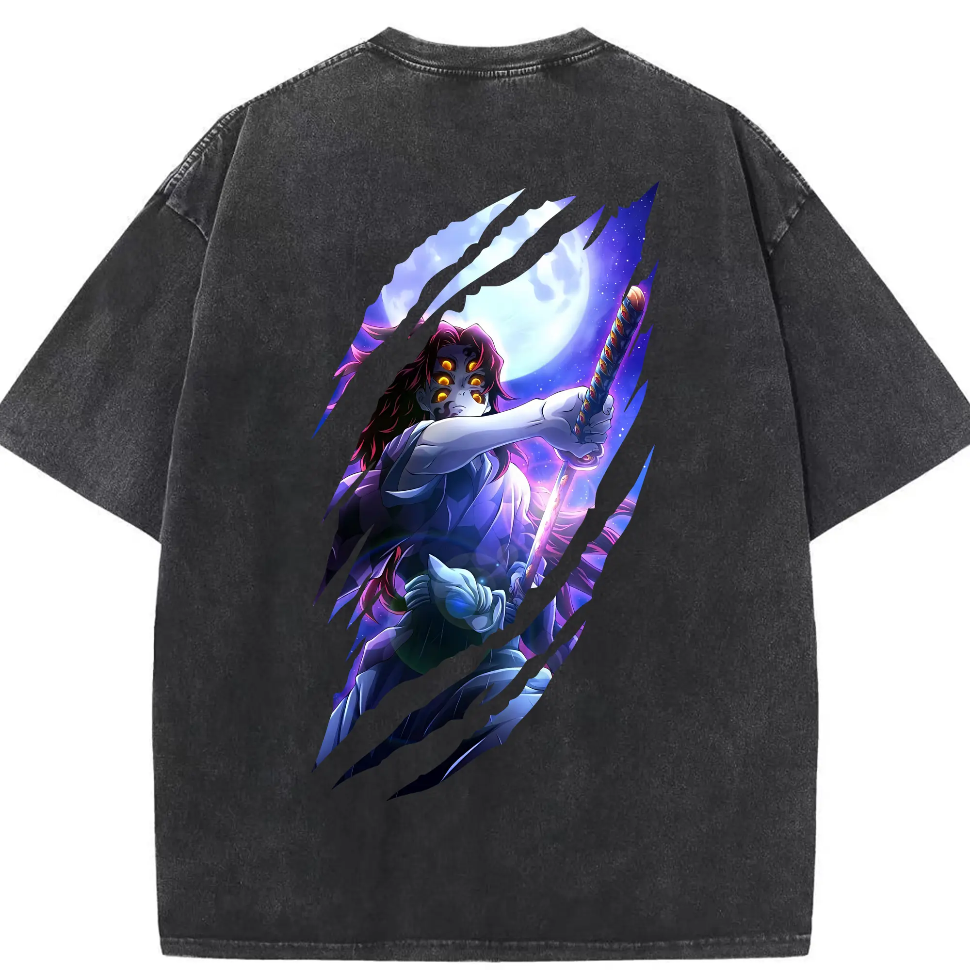 鬼滅の刃 グッズ,黒死牟 - 綿100％ ヴィンテージ風 半袖Tシャツ ・ 背面プリント ・ 柔らか肌触り ・ 通気性 快適 ・ スポーツ カジュアル 外出用