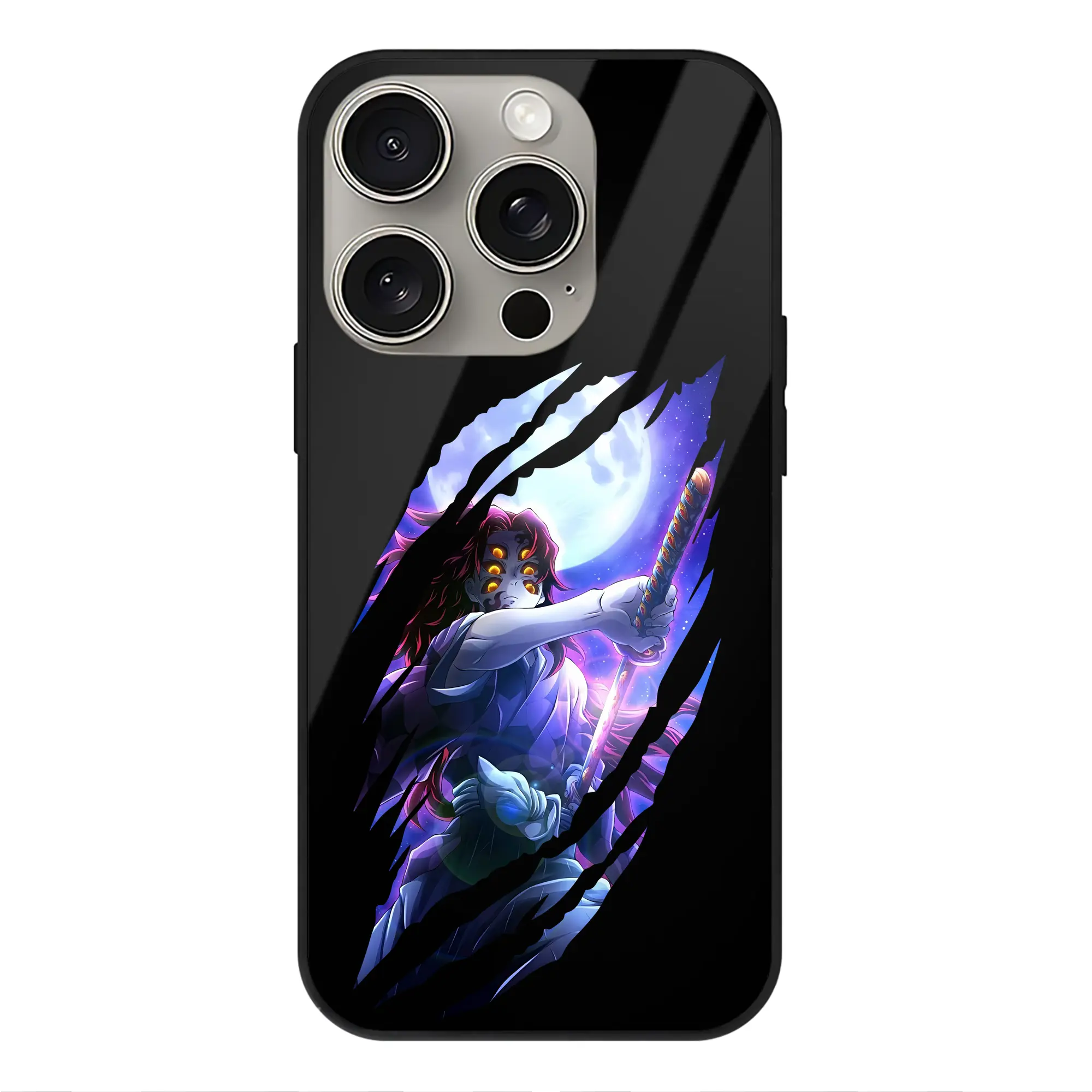 鬼滅の刃 グッズ,黒死牟 - IPhone15Pro対応 ・ スマホケース ・ 背面ガラス ・ TPU+強化ガラス ・ 耐衝撃 ・ 黄変防止 ・ ワイヤレス充電対応 ・ 3D立体ボタン