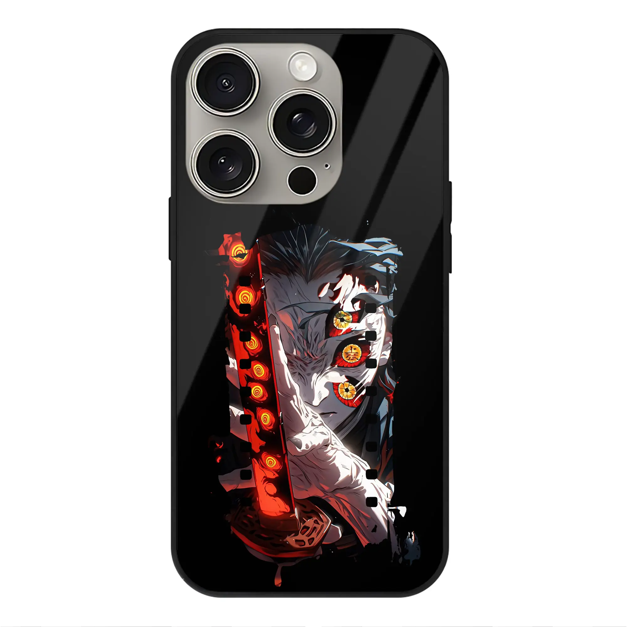 鬼滅の刃 グッズ,黒死牟 - IPhone15Pro対応 ・ スマホケース ・ 背面ガラス ・ TPU+強化ガラス ・ 耐衝撃 ・ 黄変防止 ・ ワイヤレス充電対応 ・ 3D立体ボタン