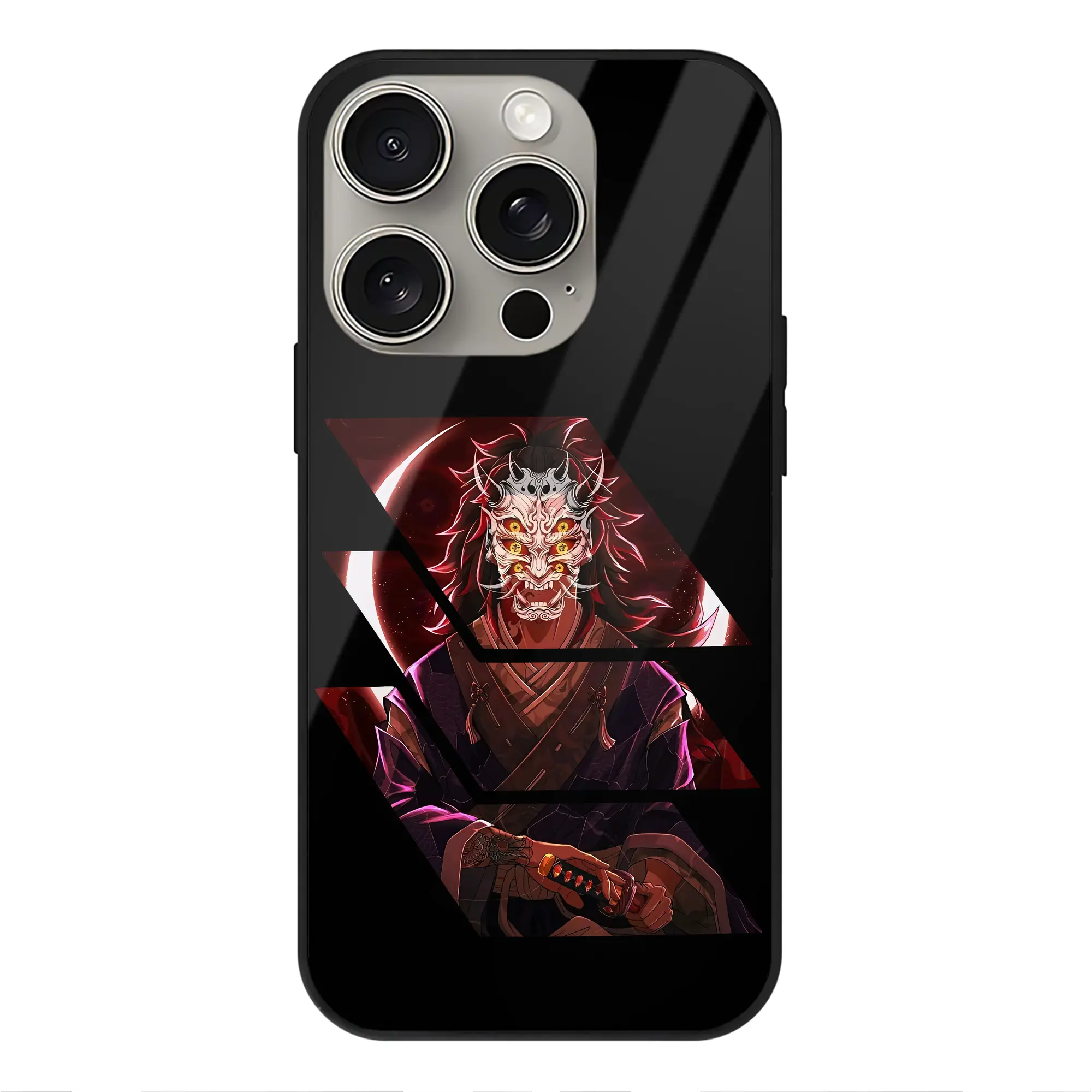 鬼滅の刃 グッズ,黒死牟 - IPhone15Pro対応 ・ スマホケース ・ 背面ガラス ・ TPU+強化ガラス ・ 耐衝撃 ・ 黄変防止 ・ ワイヤレス充電対応 ・ 3D立体ボタン