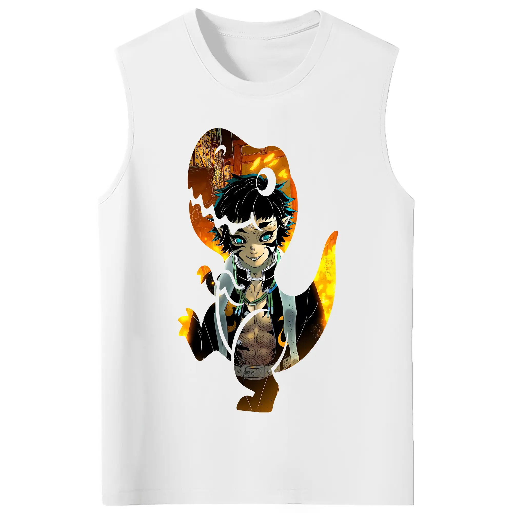 鬼滅の刃 グッズ,獪岳 - コットン100％ タンクトップ ・ フロントプリント ・ タイトフィット ・ 快適 通気性 ・ スポーツ カジュアル 散歩用