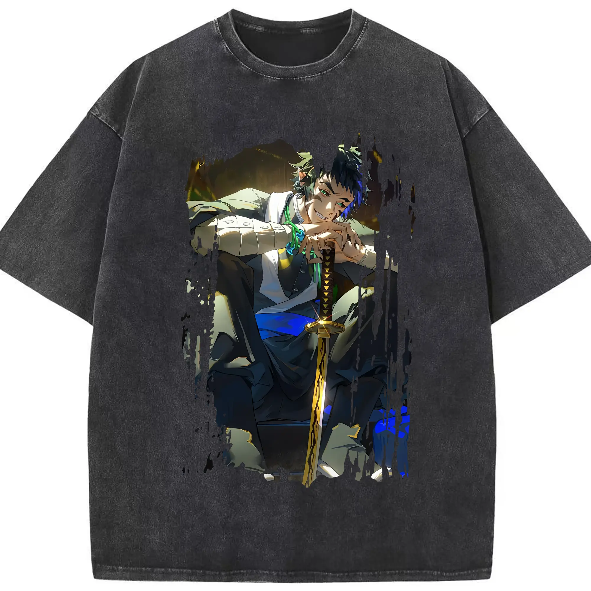 鬼滅の刃 グッズ,獪岳 - 綿100％ ヴィンテージ風 半袖Tシャツ ・ フロントプリント ・ 柔らか肌触り ・ 通気性 快適 ・ スポーツ カジュアル 外出用