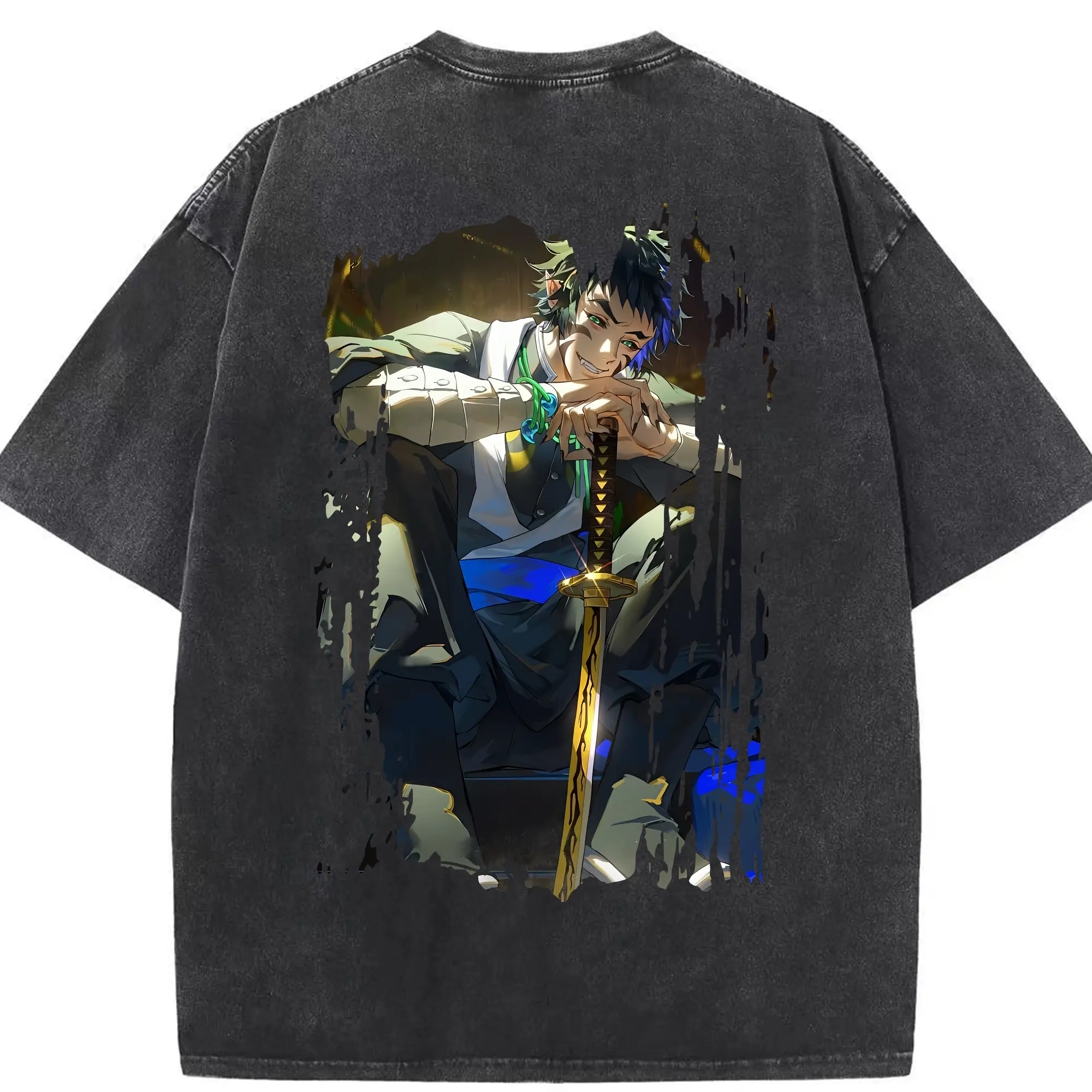 鬼滅の刃 グッズ,獪岳 - 綿100％ ヴィンテージ風 半袖Tシャツ ・ 背面プリント ・ 柔らか肌触り ・ 通気性 快適 ・ スポーツ カジュアル 外出用