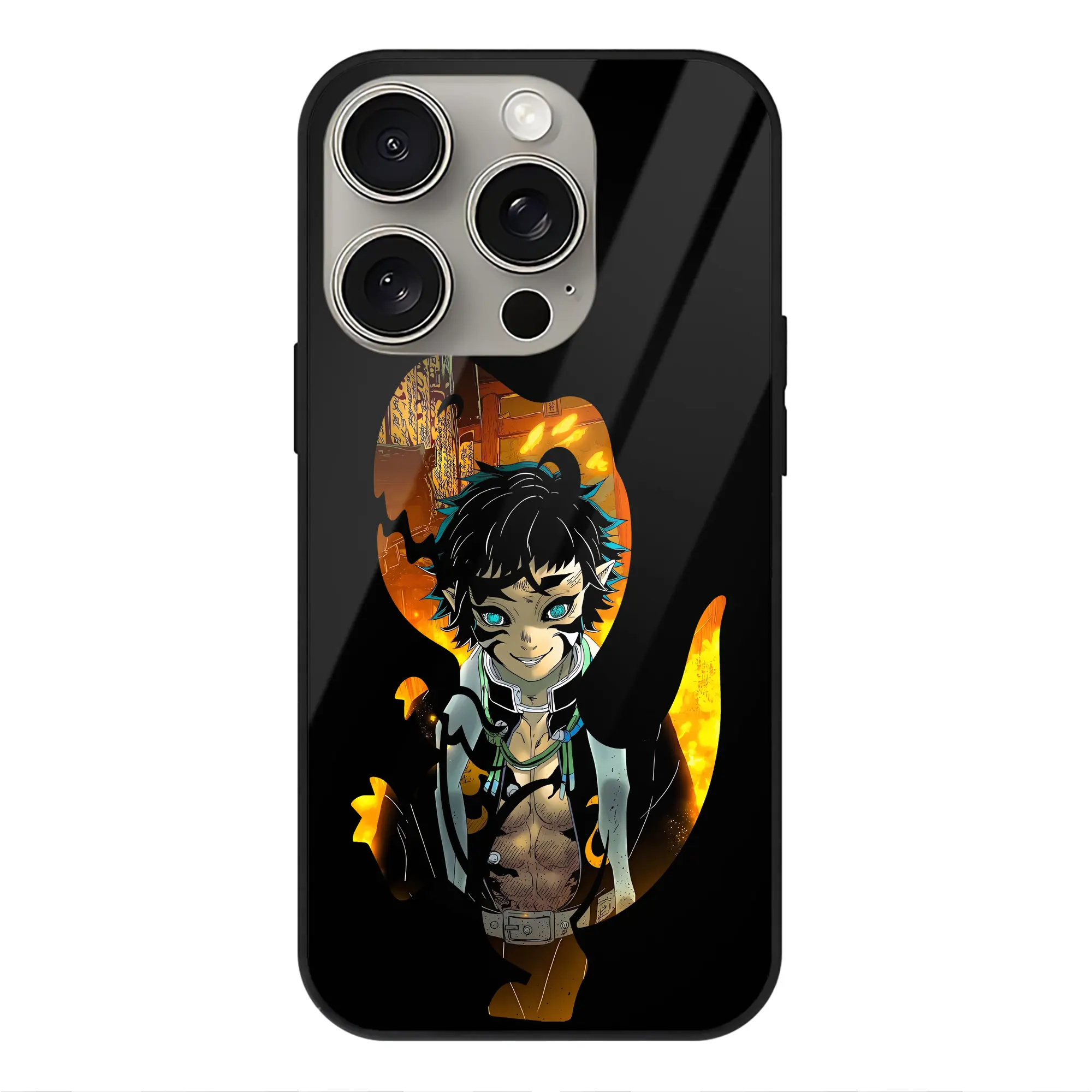 鬼滅の刃 グッズ,獪岳 - IPhone15Pro対応 ・ スマホケース ・ 背面ガラス ・ TPU+強化ガラス ・ 耐衝撃 ・ 黄変防止 ・ ワイヤレス充電対応 ・ 3D立体ボタン