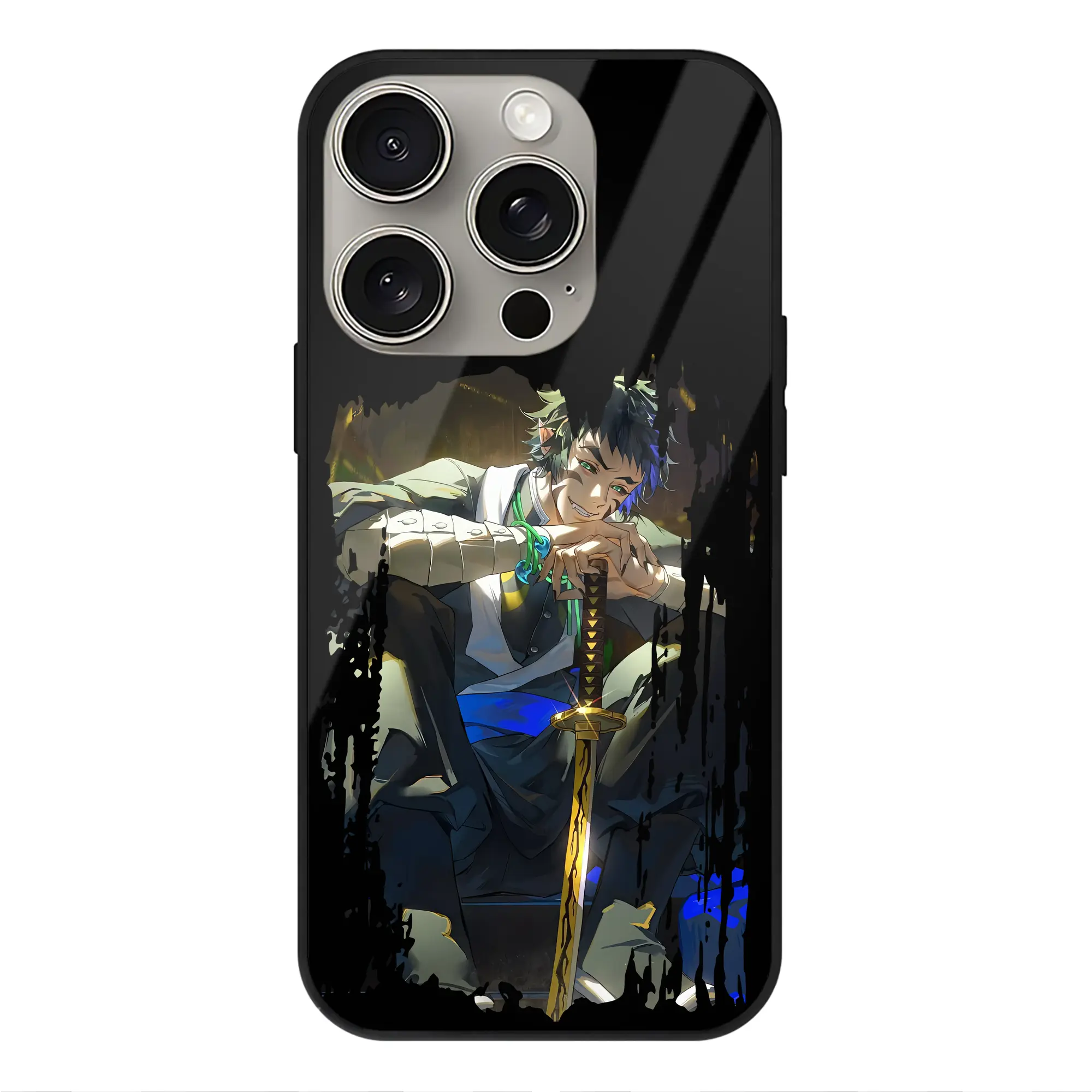 鬼滅の刃 グッズ,獪岳 - IPhone15Pro対応 ・ スマホケース ・ 背面ガラス ・ TPU+強化ガラス ・ 耐衝撃 ・ 黄変防止 ・ ワイヤレス充電対応 ・ 3D立体ボタン