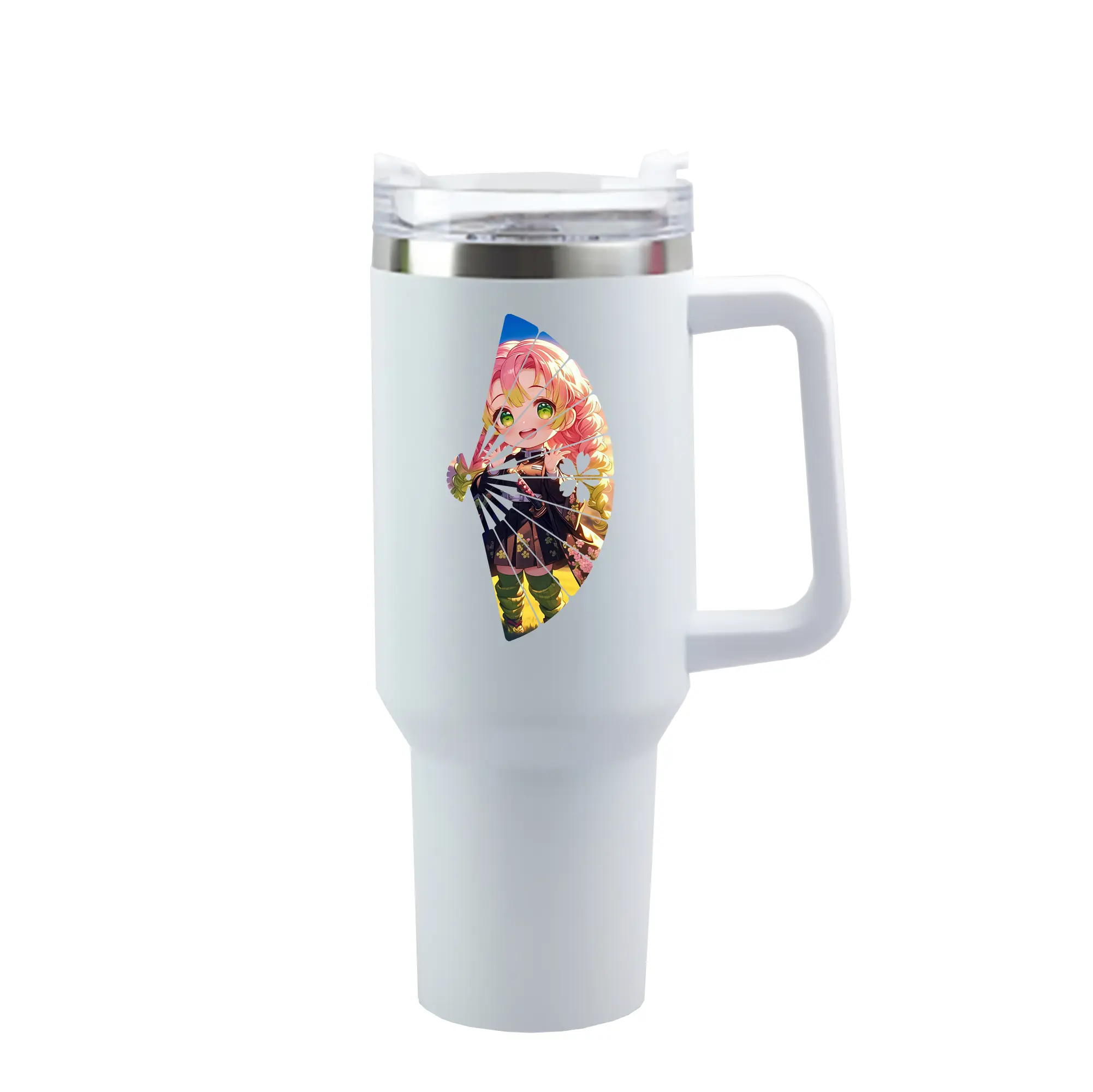 鬼滅の刃 グッズ,甘露寺 蜜璃 - 1200mL 車用タンブラー ・ クリスタルステッカー ・ 304ステンレス 内側 ・ 201ステンレス 外側 ・ 保温 保冷 ・ ハンドル＆ストロー付き ・ 通勤 ドライブ アウトドア用