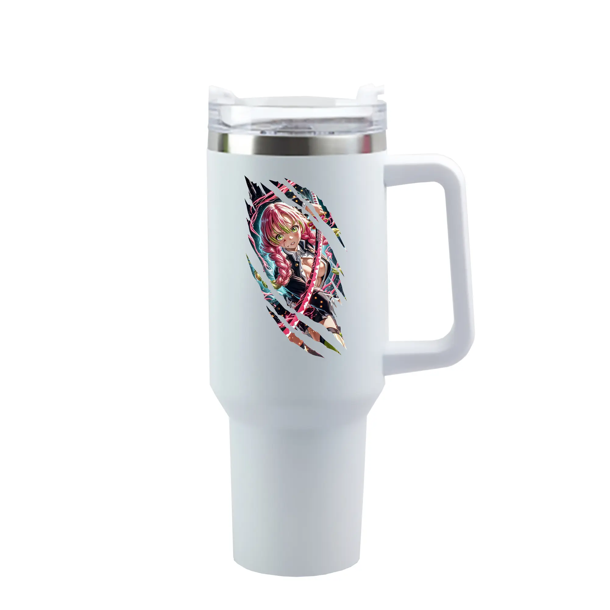 鬼滅の刃 グッズ,甘露寺 蜜璃 - 1200mL 車用タンブラー ・ クリスタルステッカー ・ 304ステンレス 内側 ・ 201ステンレス 外側 ・ 保温 保冷 ・ ハンドル＆ストロー付き ・ 通勤 ドライブ アウトドア用