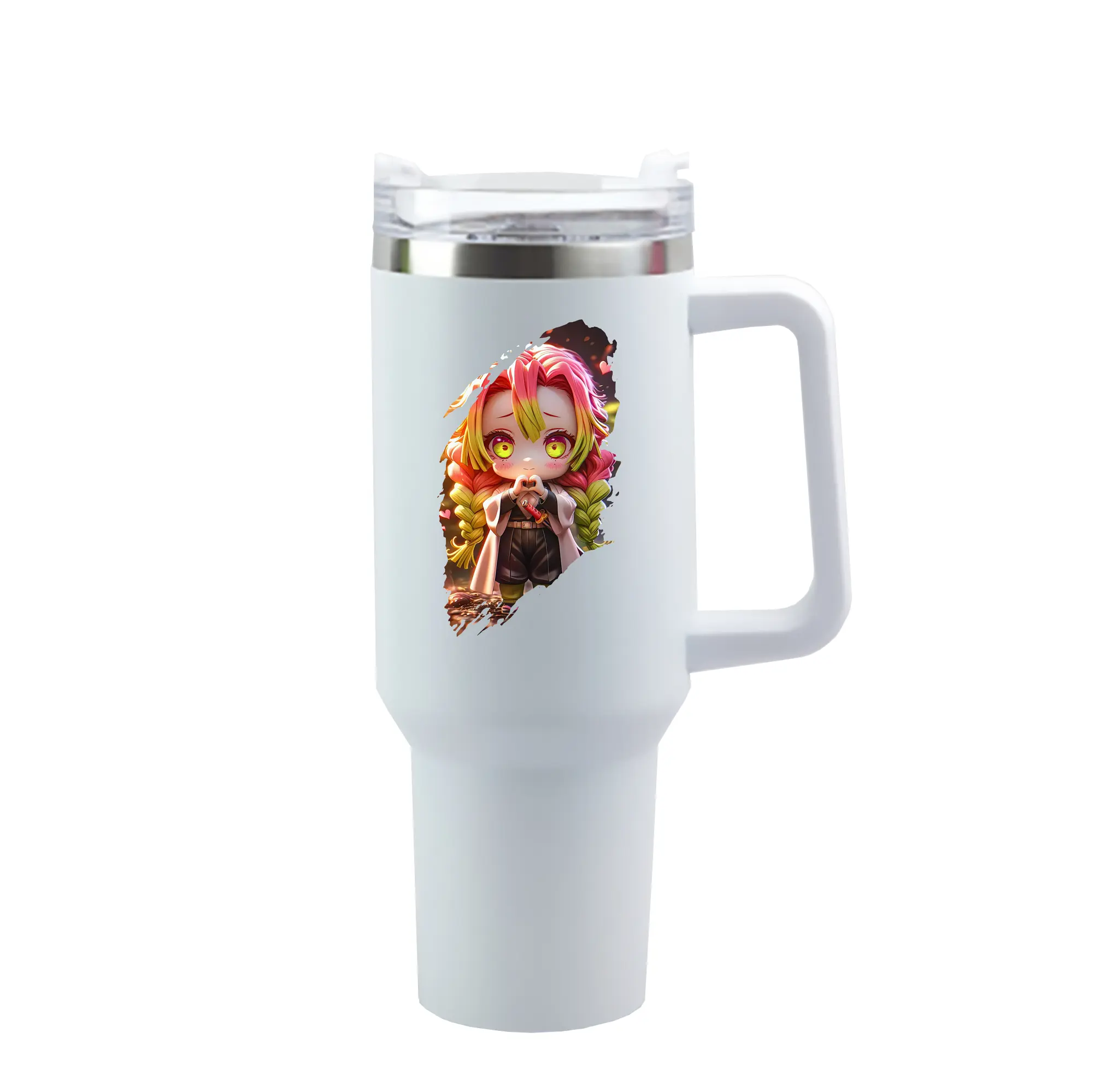 鬼滅の刃 グッズ,甘露寺 蜜璃 - 1200mL 車用タンブラー ・ クリスタルステッカー ・ 304ステンレス 内側 ・ 201ステンレス 外側 ・ 保温 保冷 ・ ハンドル＆ストロー付き ・ 通勤 ドライブ アウトドア用