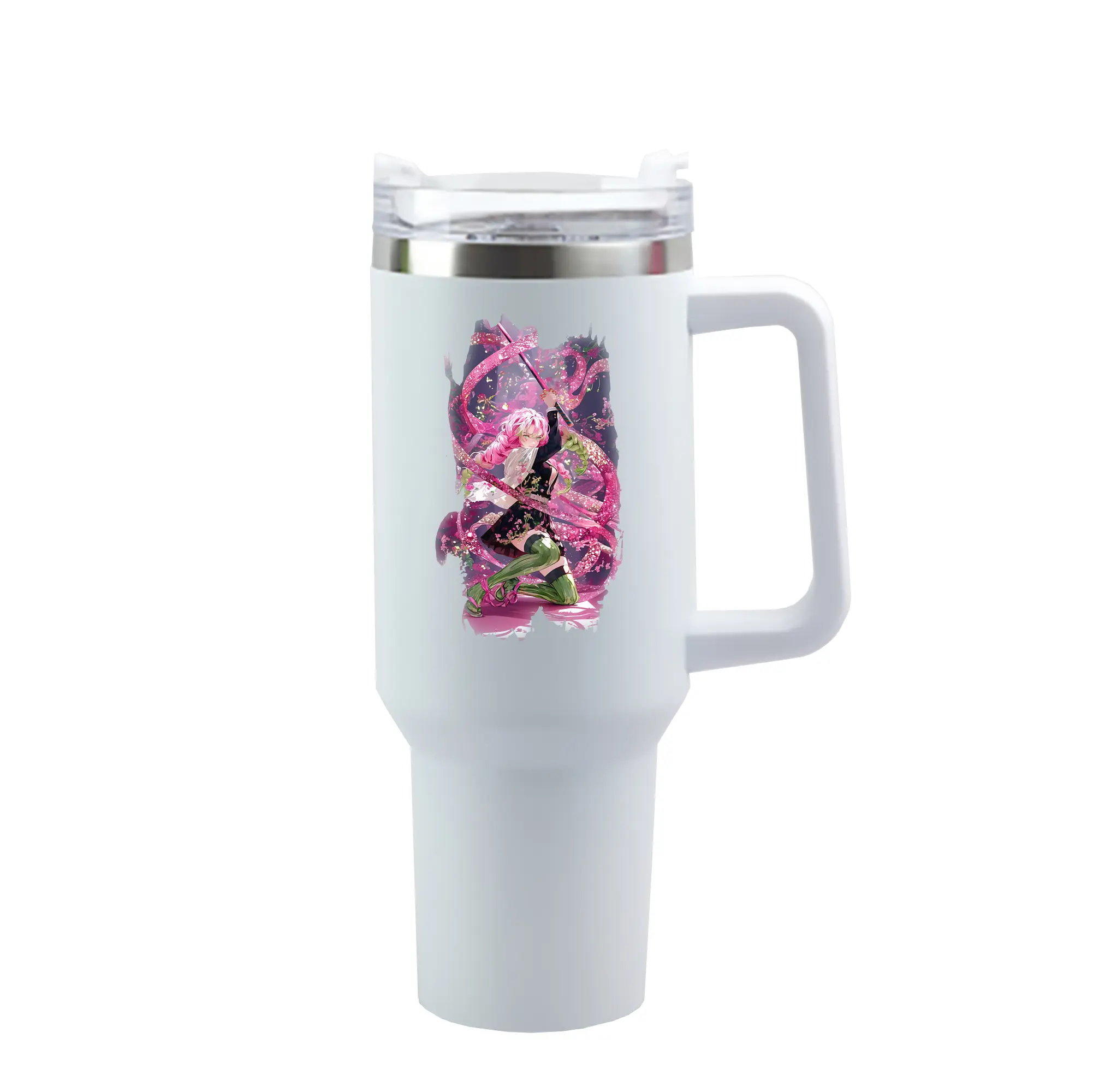 鬼滅の刃 グッズ,甘露寺 蜜璃 - 1200mL 車用タンブラー ・ クリスタルステッカー ・ 304ステンレス 内側 ・ 201ステンレス 外側 ・ 保温 保冷 ・ ハンドル＆ストロー付き ・ 通勤 ドライブ アウトドア用