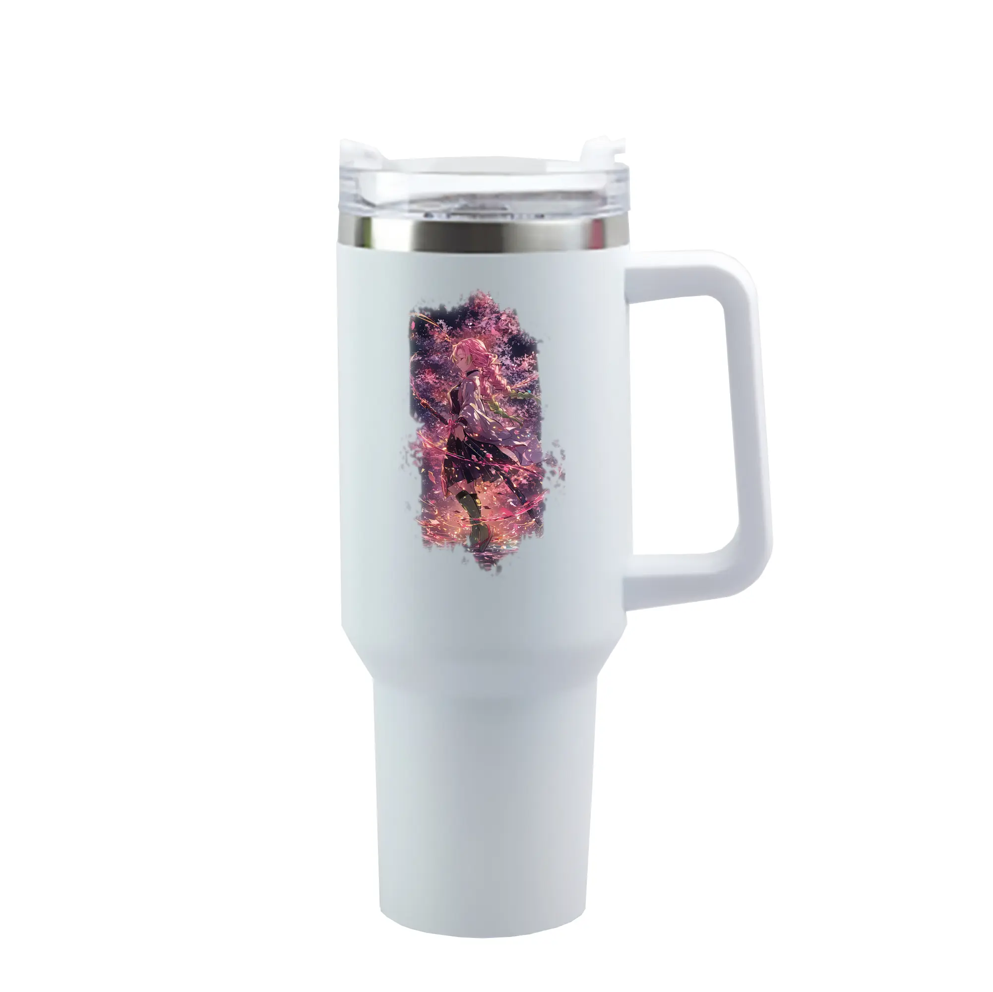 鬼滅の刃 グッズ,甘露寺 蜜璃 - 1200mL 車用タンブラー ・ クリスタルステッカー ・ 304ステンレス 内側 ・ 201ステンレス 外側 ・ 保温 保冷 ・ ハンドル＆ストロー付き ・ 通勤 ドライブ アウトドア用