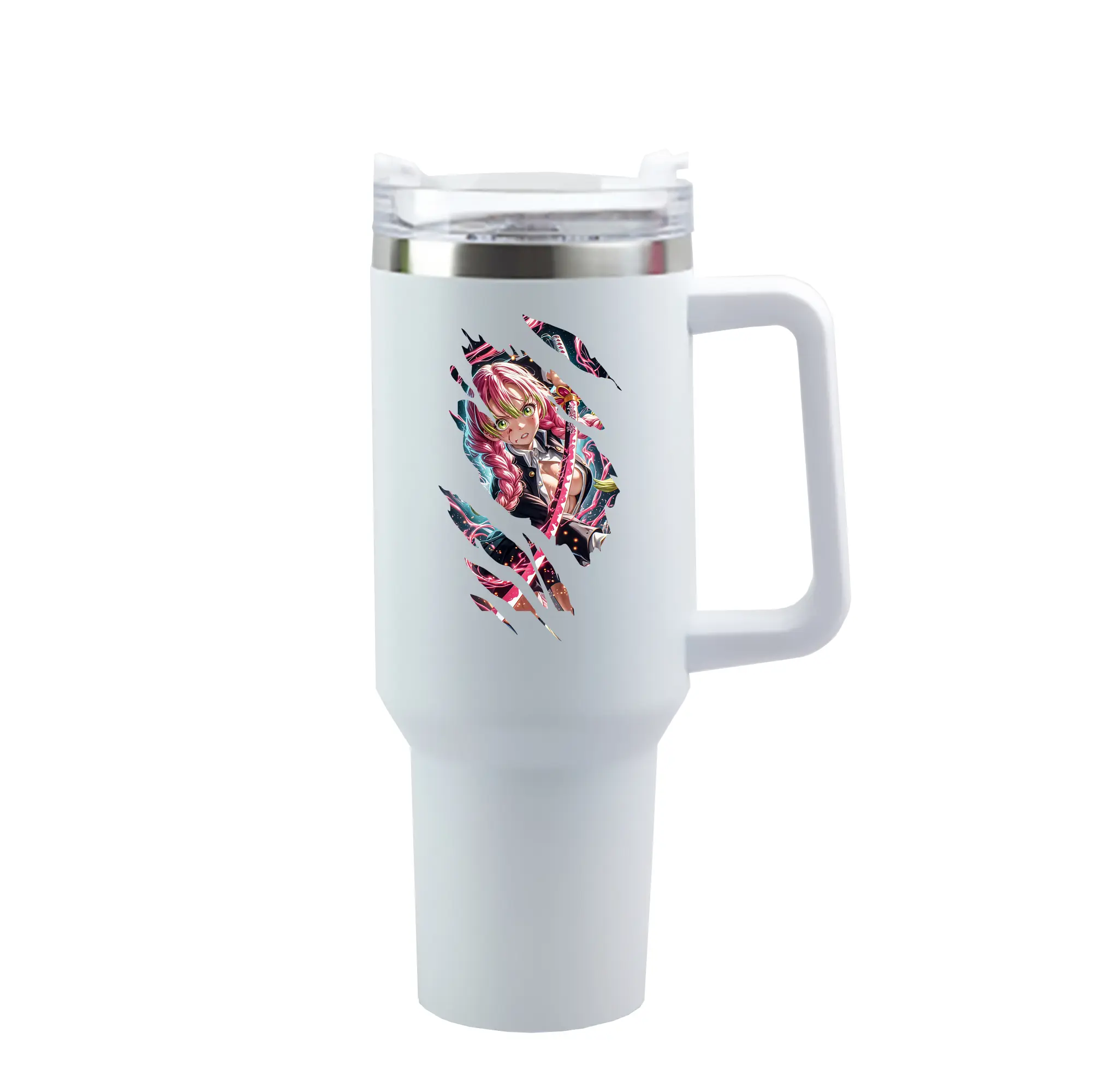 鬼滅の刃 グッズ,甘露寺 蜜璃 - 1200mL 車用タンブラー ・ クリスタルステッカー ・ 304ステンレス 内側 ・ 201ステンレス 外側 ・ 保温 保冷 ・ ハンドル＆ストロー付き ・ 通勤 ドライブ アウトドア用