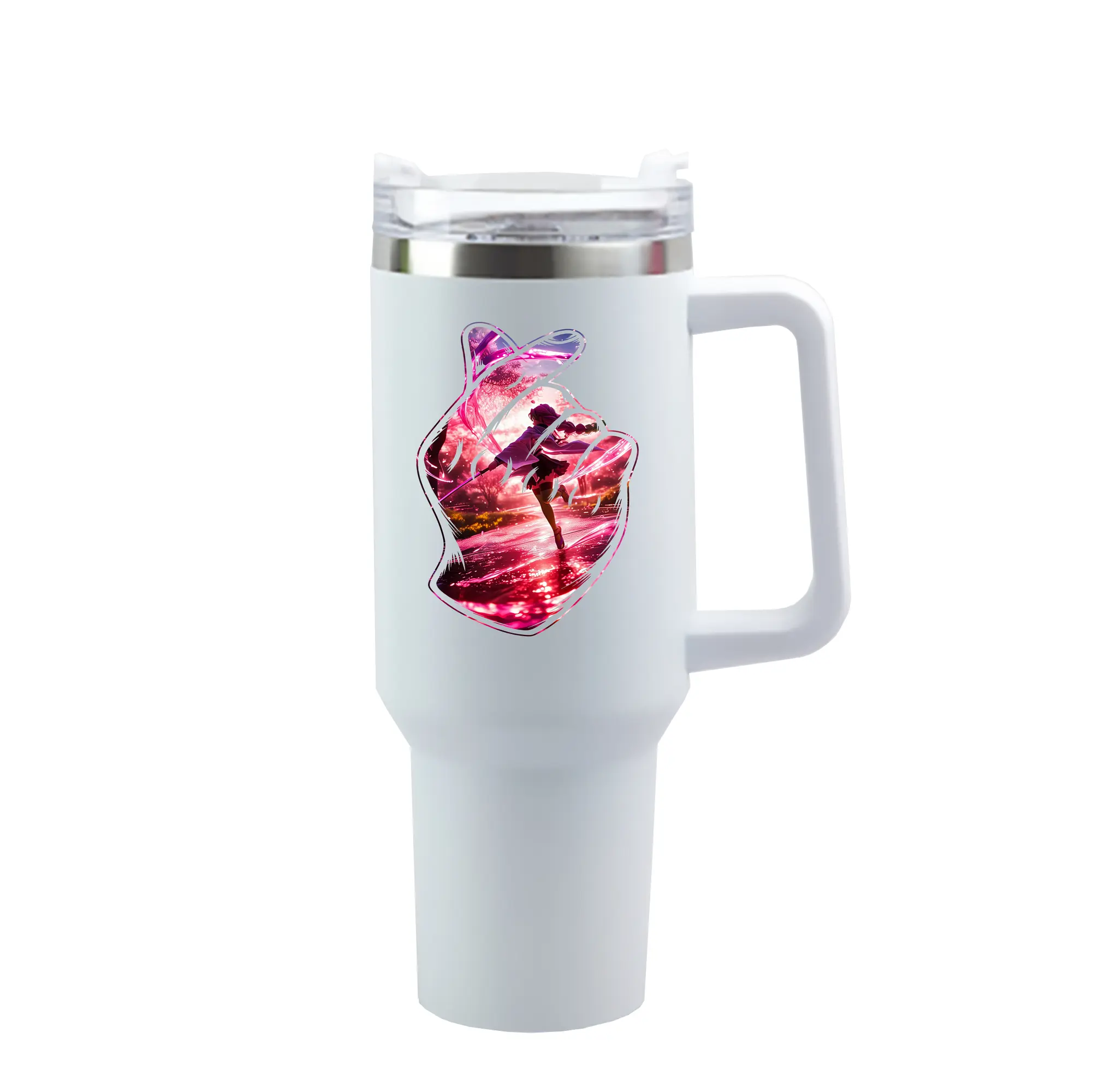 鬼滅の刃 グッズ,甘露寺 蜜璃 - 1200mL 車用タンブラー ・ クリスタルステッカー ・ 304ステンレス 内側 ・ 201ステンレス 外側 ・ 保温 保冷 ・ ハンドル＆ストロー付き ・ 通勤 ドライブ アウトドア用