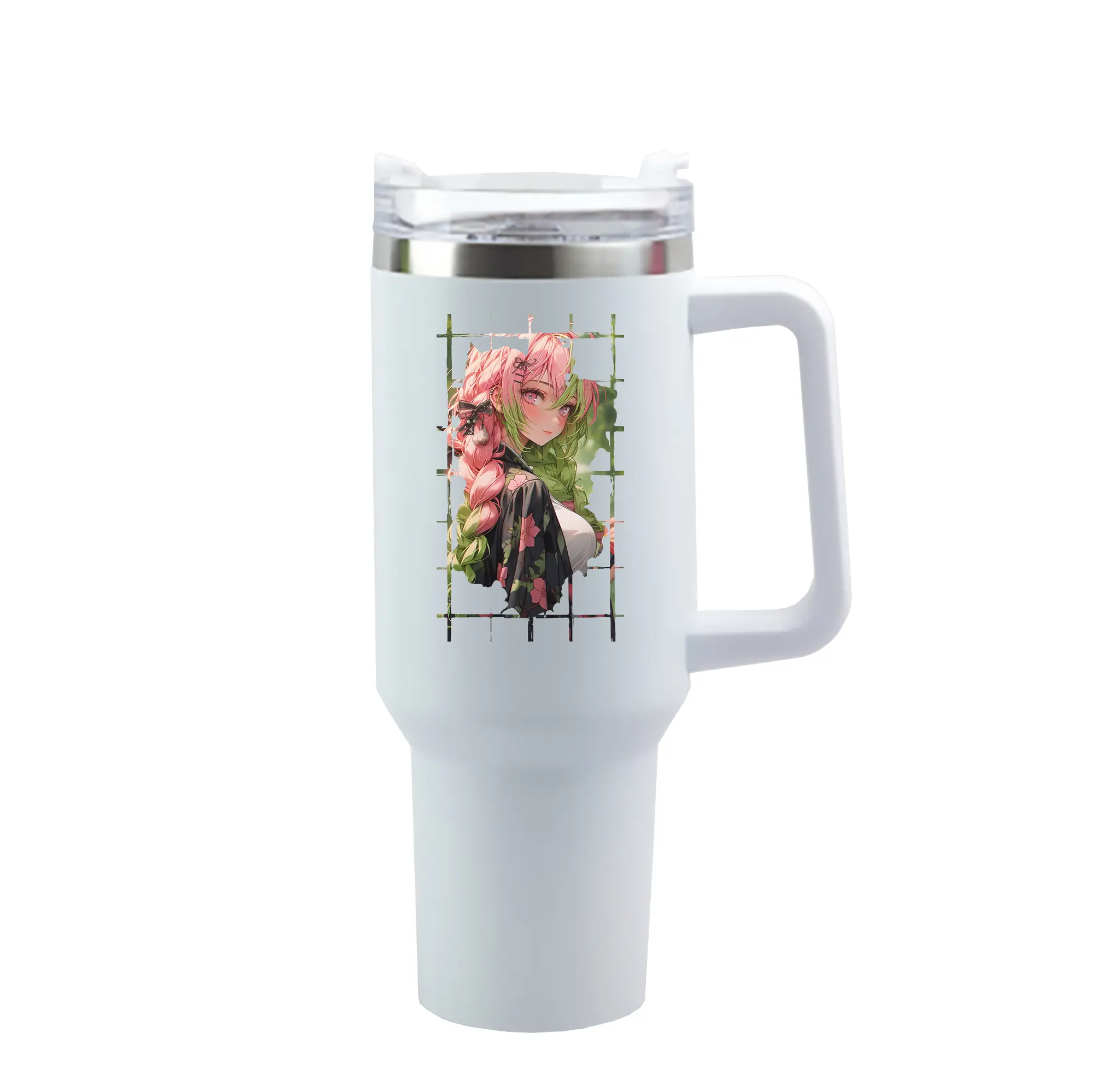 鬼滅の刃 グッズ,甘露寺 蜜璃 - 1200mL 車用タンブラー ・ クリスタルステッカー ・ 304ステンレス 内側 ・ 201ステンレス 外側 ・ 保温 保冷 ・ ハンドル＆ストロー付き ・ 通勤 ドライブ アウトドア用