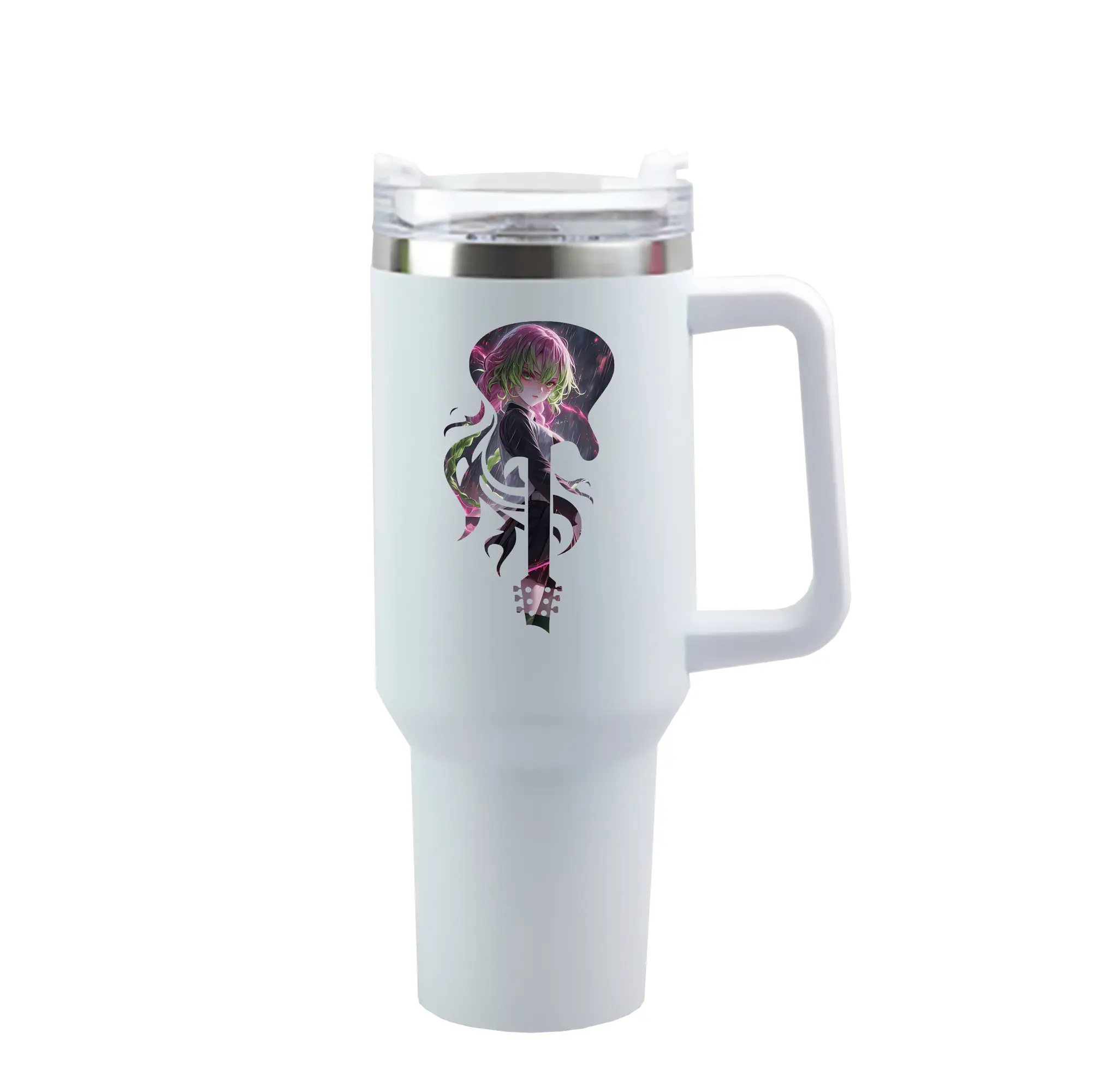 鬼滅の刃 グッズ,甘露寺 蜜璃 - 1200mL 車用タンブラー ・ クリスタルステッカー ・ 304ステンレス 内側 ・ 201ステンレス 外側 ・ 保温 保冷 ・ ハンドル＆ストロー付き ・ 通勤 ドライブ アウトドア用