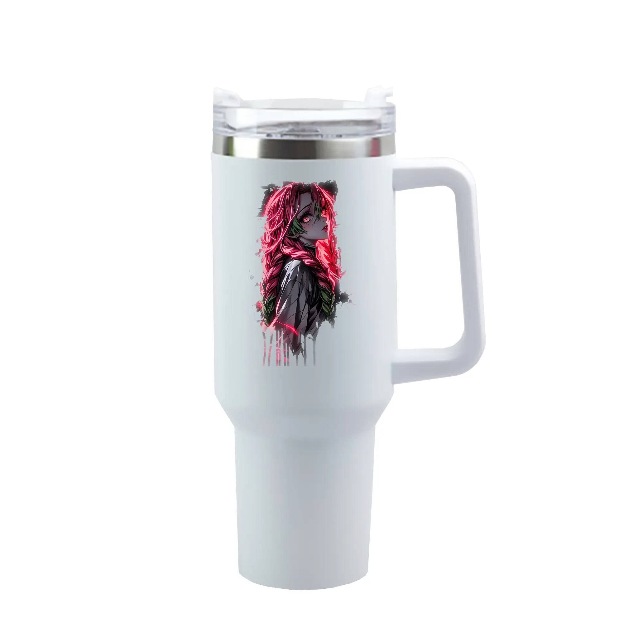 鬼滅の刃 グッズ,甘露寺 蜜璃 - 1200mL 車用タンブラー ・ クリスタルステッカー ・ 304ステンレス 内側 ・ 201ステンレス 外側 ・ 保温 保冷 ・ ハンドル＆ストロー付き ・ 通勤 ドライブ アウトドア用