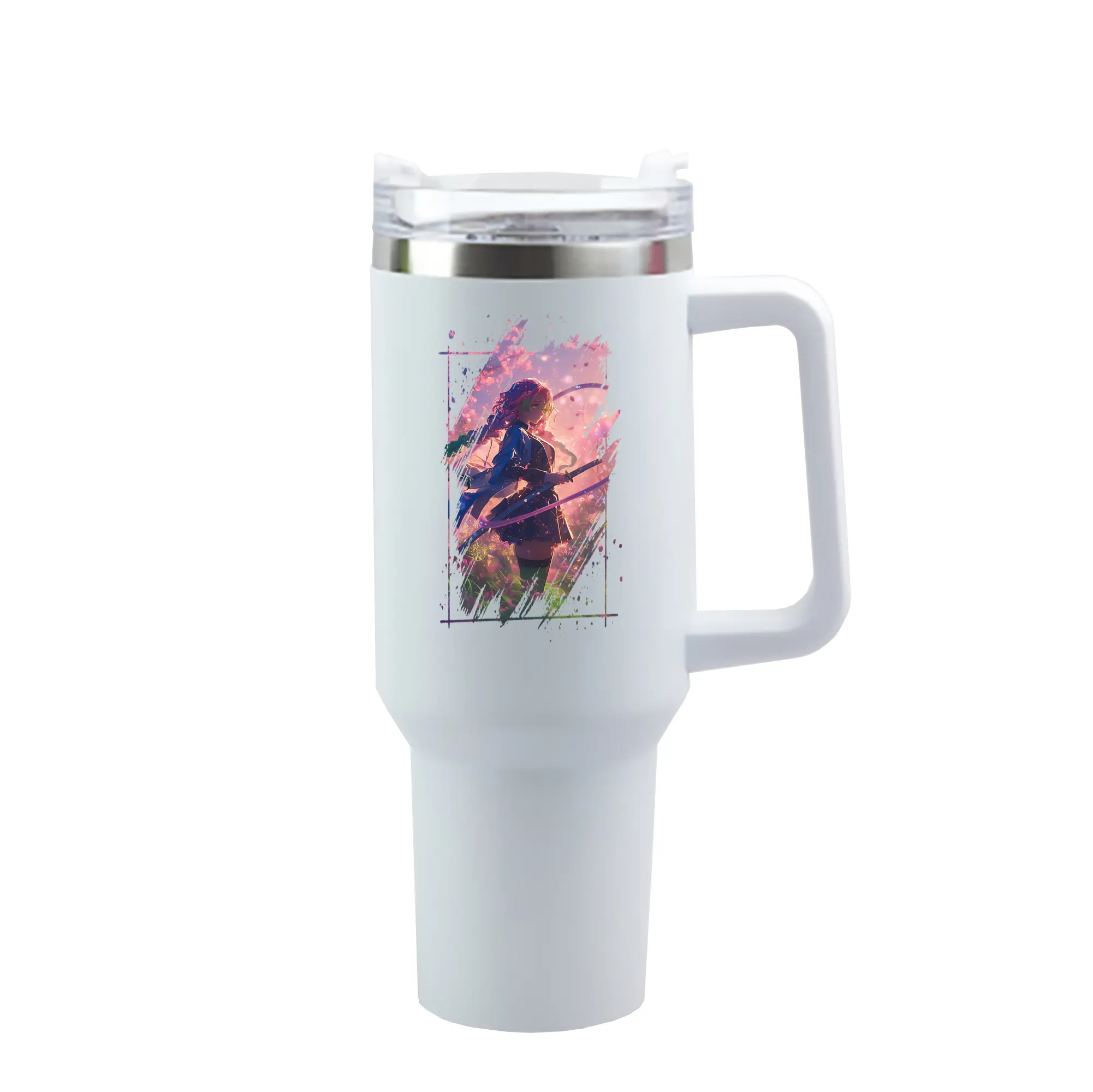 鬼滅の刃 グッズ,甘露寺 蜜璃 - 1200mL 車用タンブラー ・ クリスタルステッカー ・ 304ステンレス 内側 ・ 201ステンレス 外側 ・ 保温 保冷 ・ ハンドル＆ストロー付き ・ 通勤 ドライブ アウトドア用