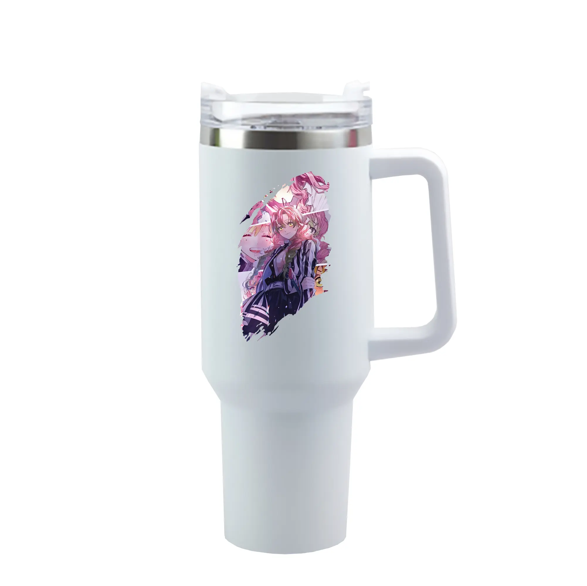 鬼滅の刃 グッズ,甘露寺 蜜璃 - 1200mL 車用タンブラー ・ クリスタルステッカー ・ 304ステンレス 内側 ・ 201ステンレス 外側 ・ 保温 保冷 ・ ハンドル＆ストロー付き ・ 通勤 ドライブ アウトドア用