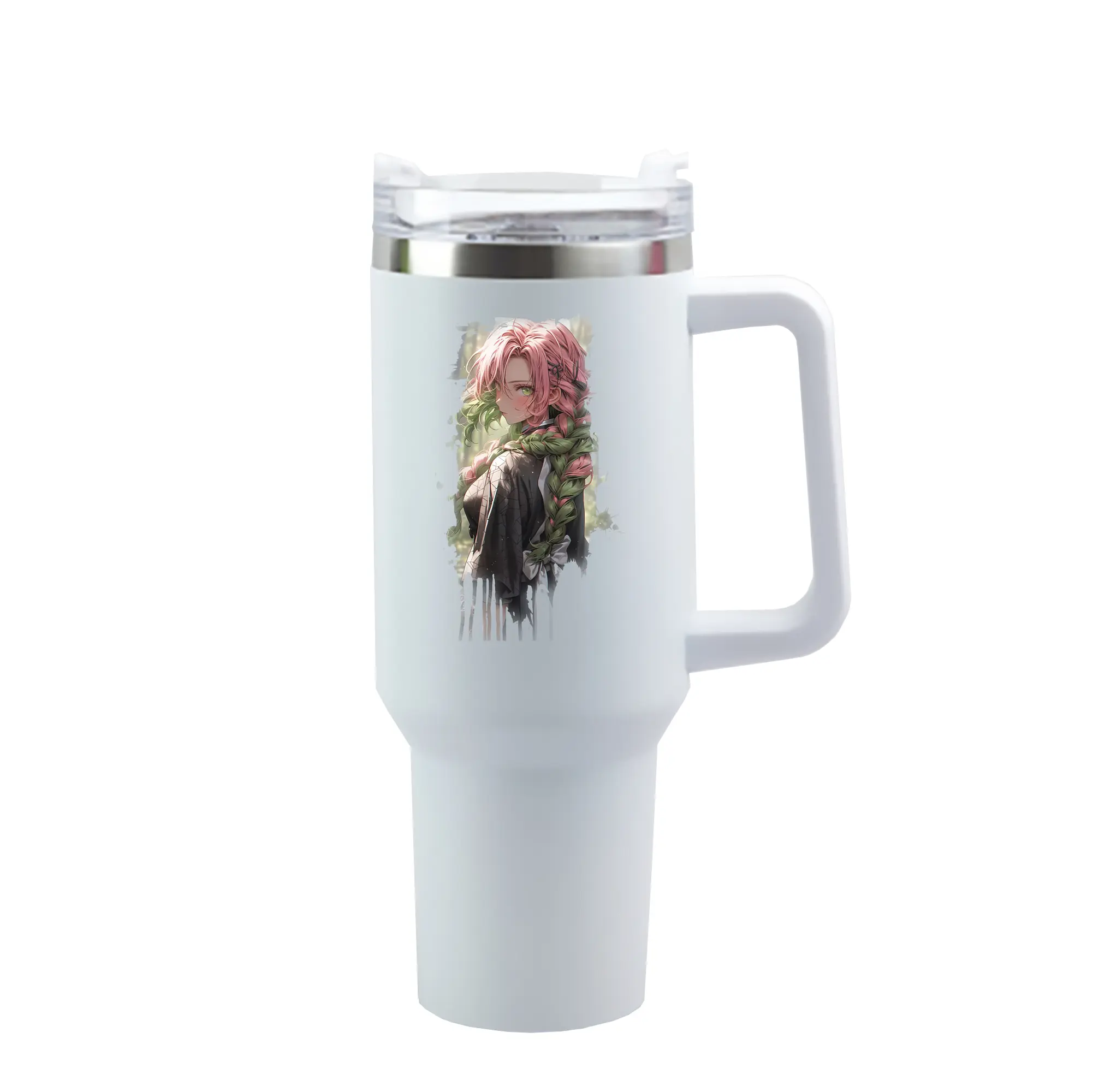 鬼滅の刃 グッズ,甘露寺 蜜璃 - 1200mL 車用タンブラー ・ クリスタルステッカー ・ 304ステンレス 内側 ・ 201ステンレス 外側 ・ 保温 保冷 ・ ハンドル＆ストロー付き ・ 通勤 ドライブ アウトドア用