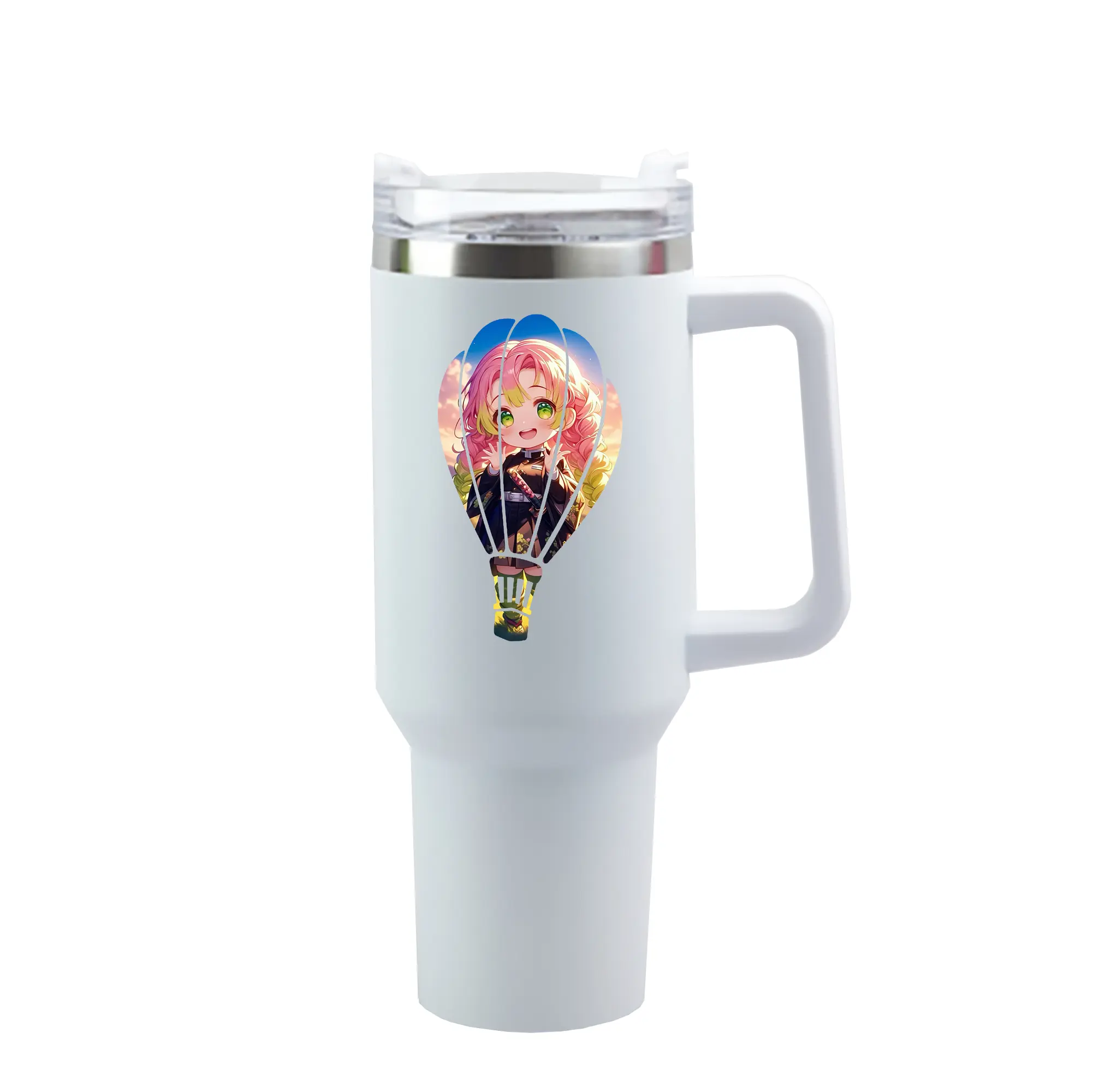 鬼滅の刃 グッズ,甘露寺 蜜璃 - 1200mL 車用タンブラー ・ クリスタルステッカー ・ 304ステンレス 内側 ・ 201ステンレス 外側 ・ 保温 保冷 ・ ハンドル＆ストロー付き ・ 通勤 ドライブ アウトドア用