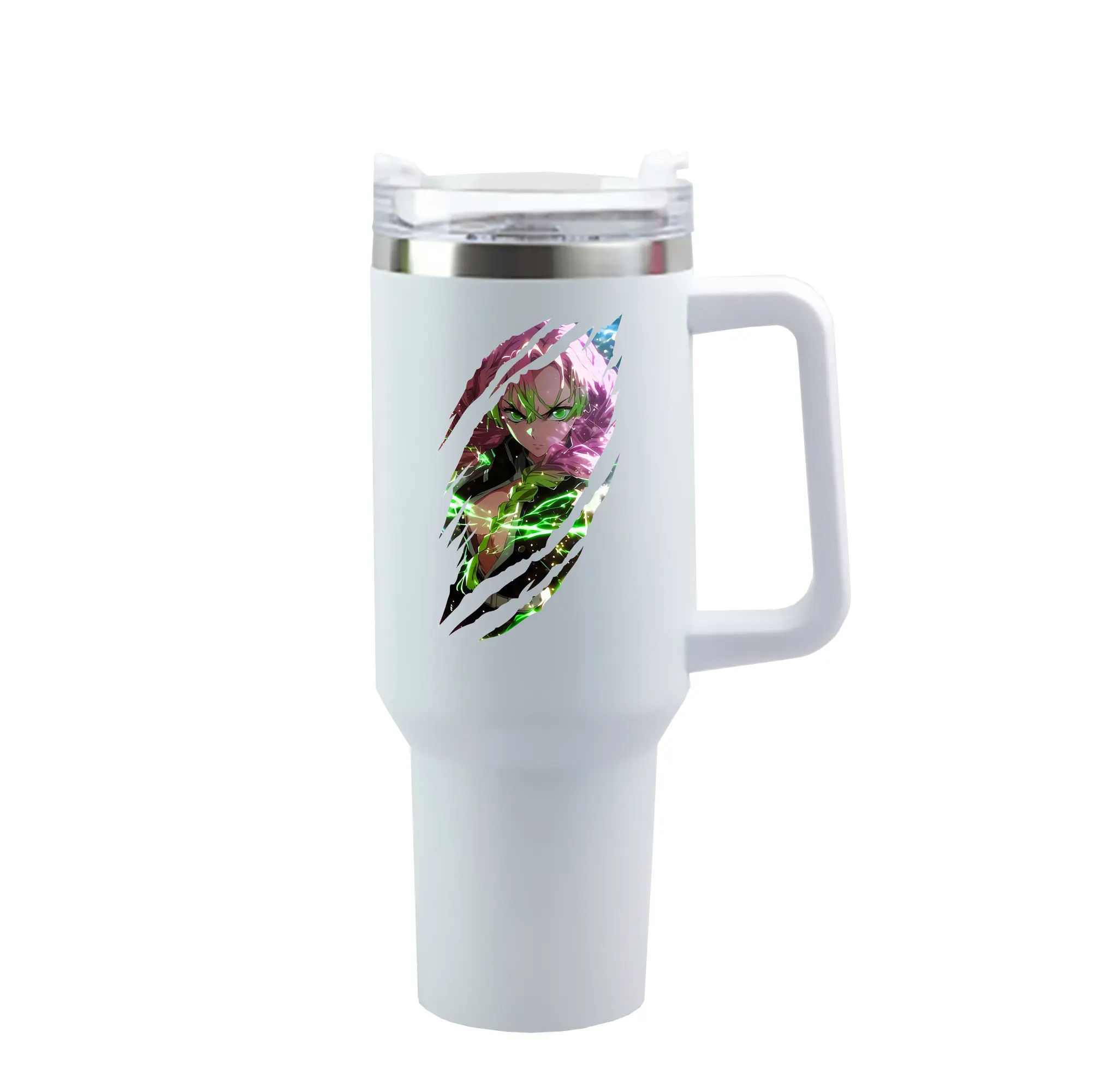 鬼滅の刃 グッズ,甘露寺 蜜璃 - 1200mL 車用タンブラー ・ クリスタルステッカー ・ 304ステンレス 内側 ・ 201ステンレス 外側 ・ 保温 保冷 ・ ハンドル＆ストロー付き ・ 通勤 ドライブ アウトドア用