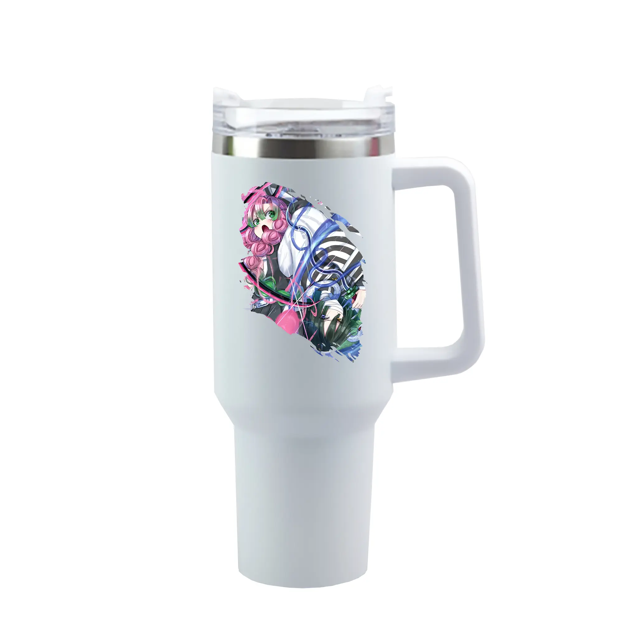 鬼滅の刃 グッズ,甘露寺 蜜璃 - 1200mL 車用タンブラー ・ クリスタルステッカー ・ 304ステンレス 内側 ・ 201ステンレス 外側 ・ 保温 保冷 ・ ハンドル＆ストロー付き ・ 通勤 ドライブ アウトドア用