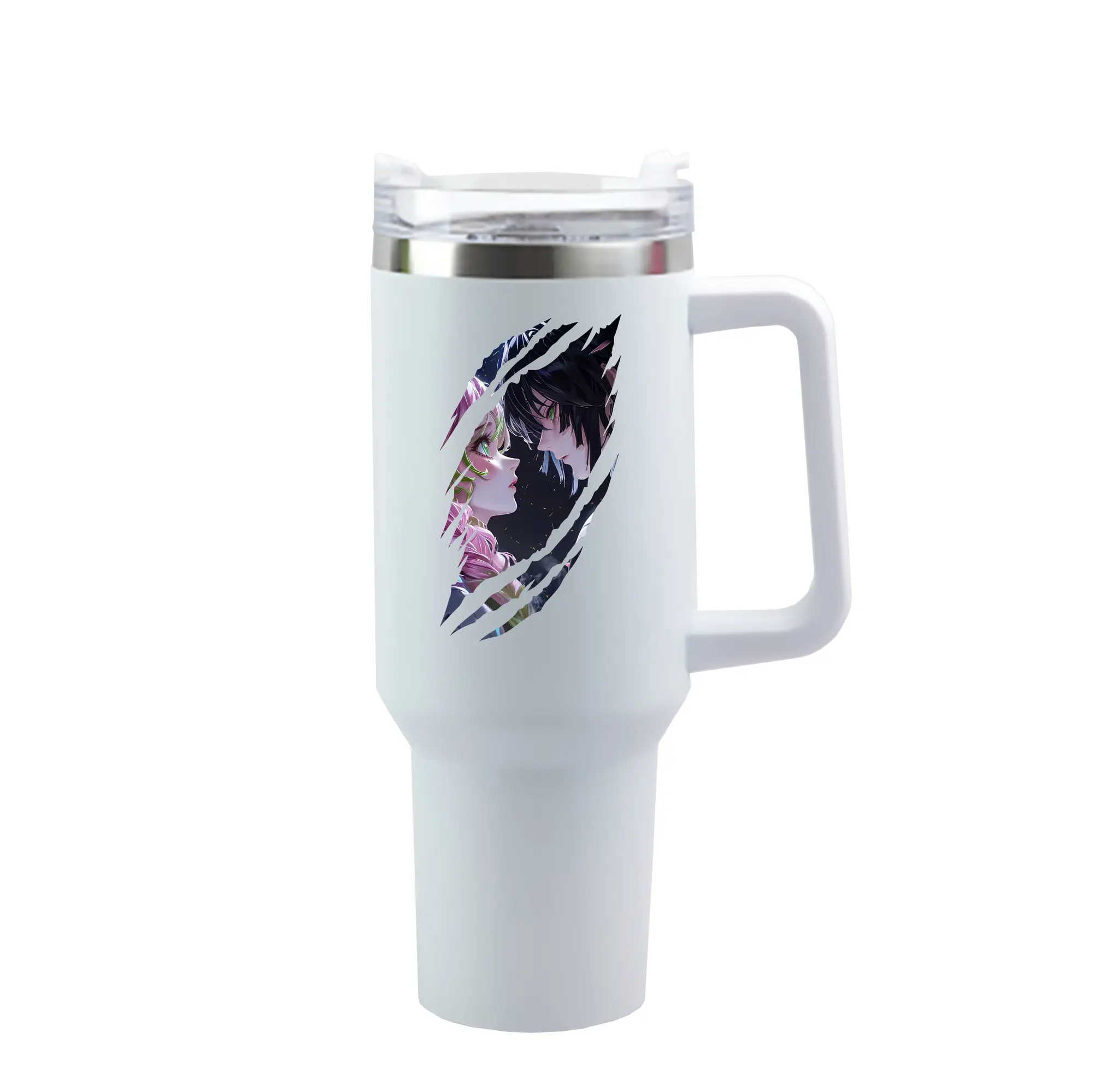 鬼滅の刃 グッズ,甘露寺 蜜璃 - 1200mL 車用タンブラー ・ クリスタルステッカー ・ 304ステンレス 内側 ・ 201ステンレス 外側 ・ 保温 保冷 ・ ハンドル＆ストロー付き ・ 通勤 ドライブ アウトドア用