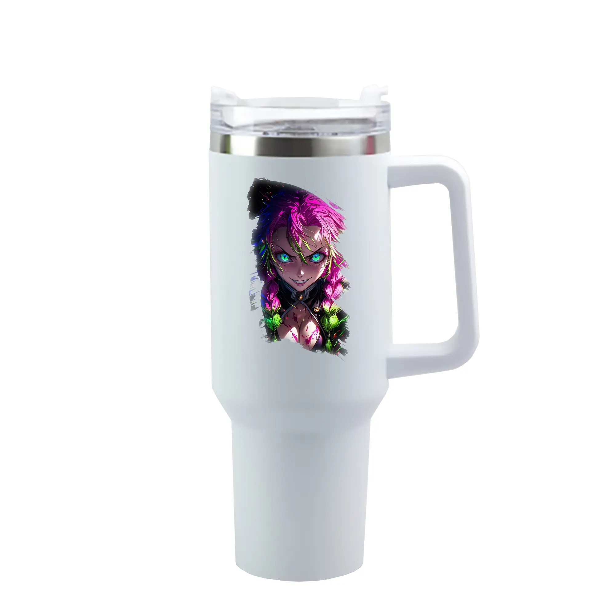 鬼滅の刃 グッズ,甘露寺 蜜璃 - 1200mL 車用タンブラー ・ クリスタルステッカー ・ 304ステンレス 内側 ・ 201ステンレス 外側 ・ 保温 保冷 ・ ハンドル＆ストロー付き ・ 通勤 ドライブ アウトドア用