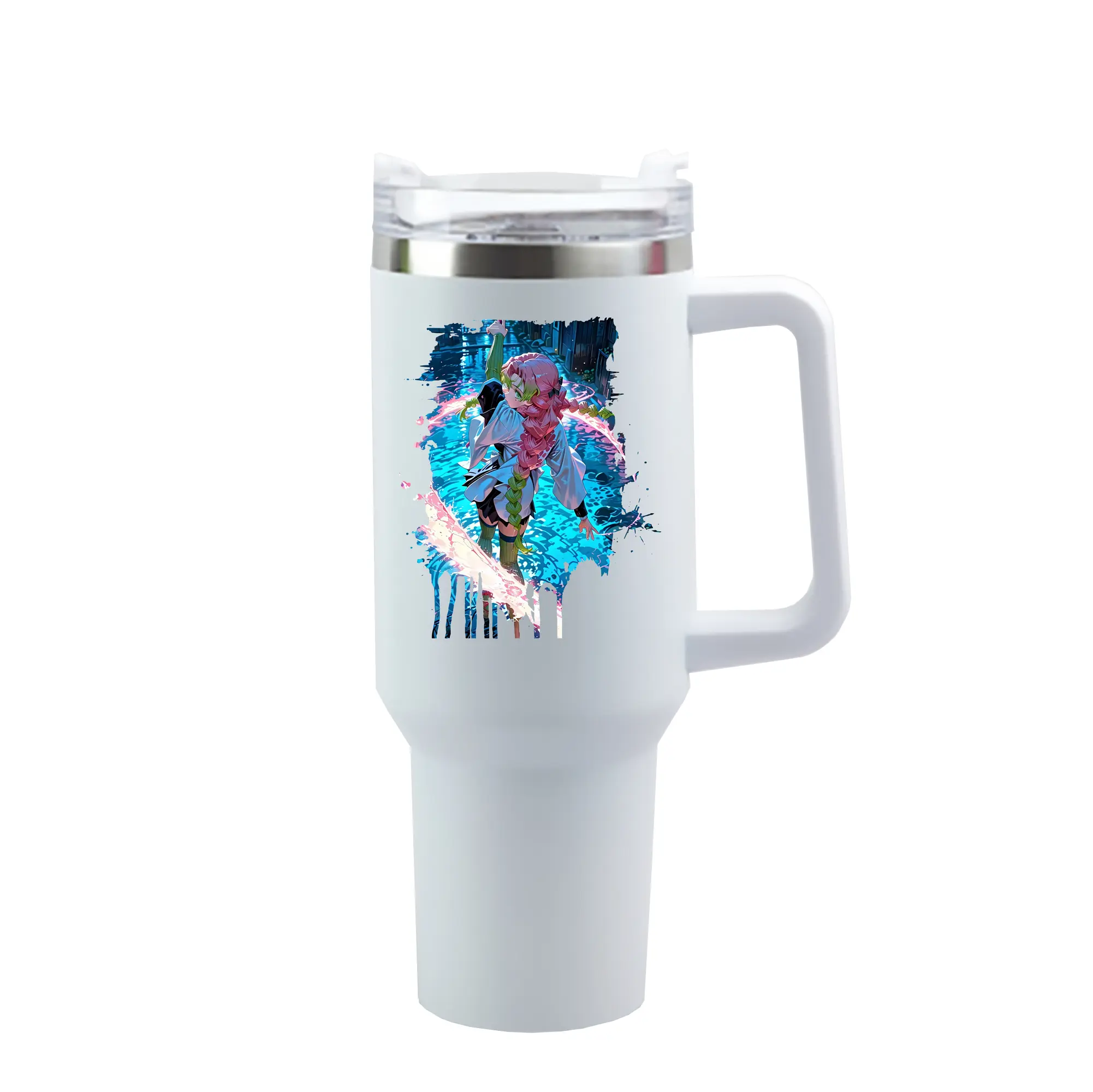 鬼滅の刃 グッズ,甘露寺 蜜璃 - 1200mL 車用タンブラー ・ クリスタルステッカー ・ 304ステンレス 内側 ・ 201ステンレス 外側 ・ 保温 保冷 ・ ハンドル＆ストロー付き ・ 通勤 ドライブ アウトドア用