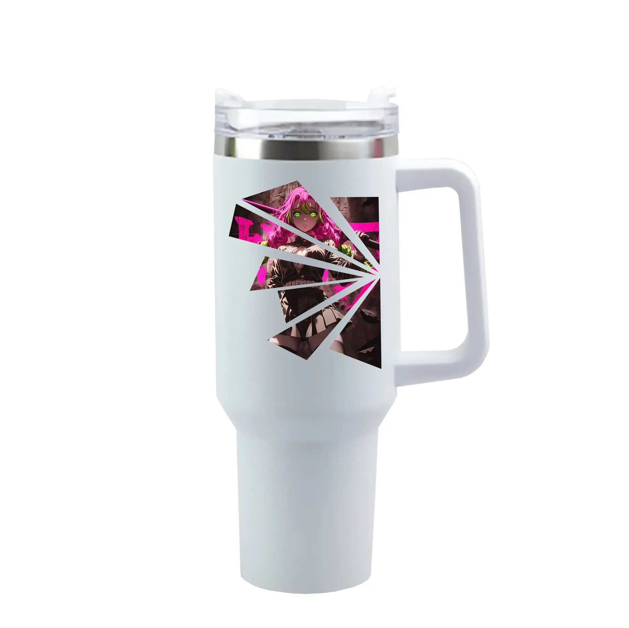 鬼滅の刃 グッズ,甘露寺 蜜璃 - 1200mL 車用タンブラー ・ クリスタルステッカー ・ 304ステンレス 内側 ・ 201ステンレス 外側 ・ 保温 保冷 ・ ハンドル＆ストロー付き ・ 通勤 ドライブ アウトドア用